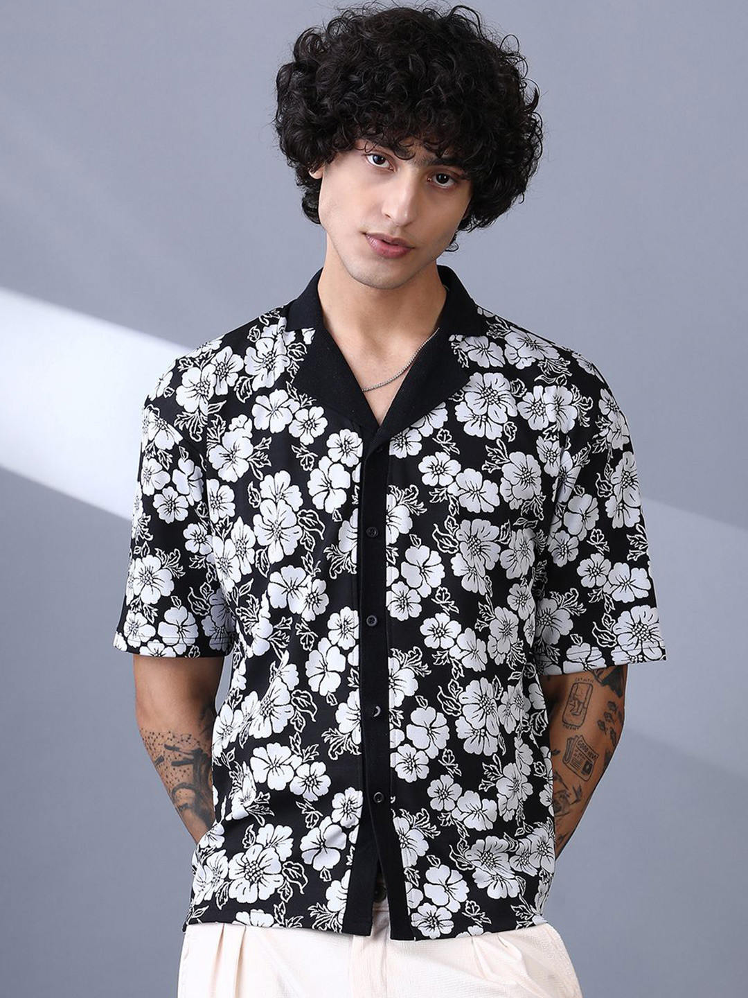 CAHOOT Men Comfort Fit Floral Printed Cuban Collar Cotton Casual Shirt