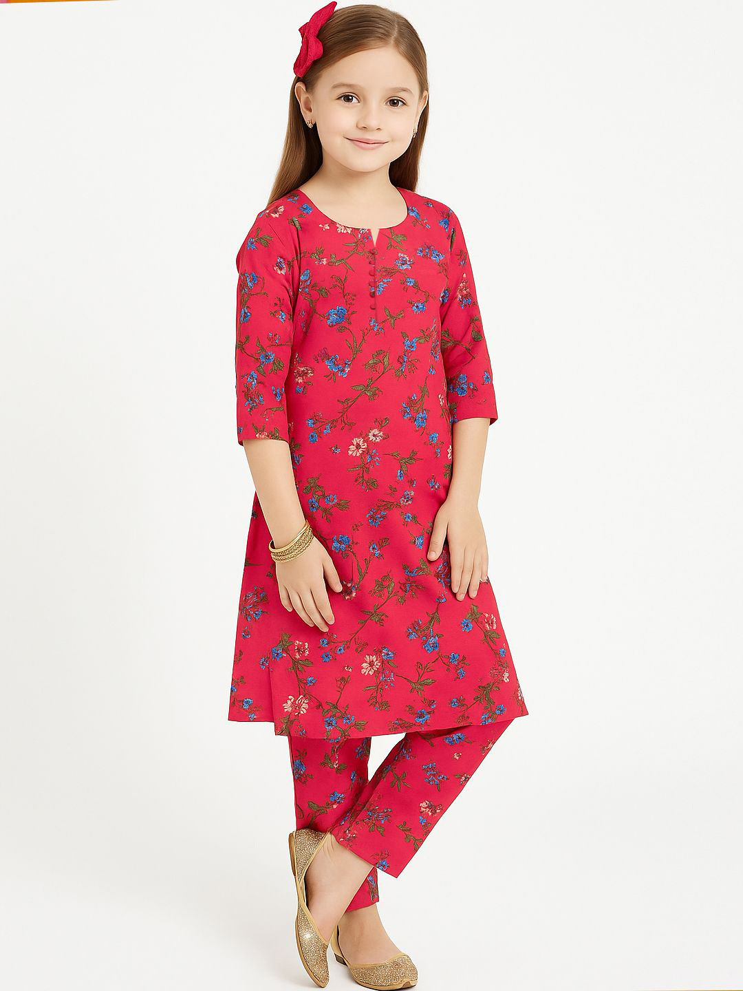 Girls Floral Printed Three-quarter Sleeve Kurti and Pant Set