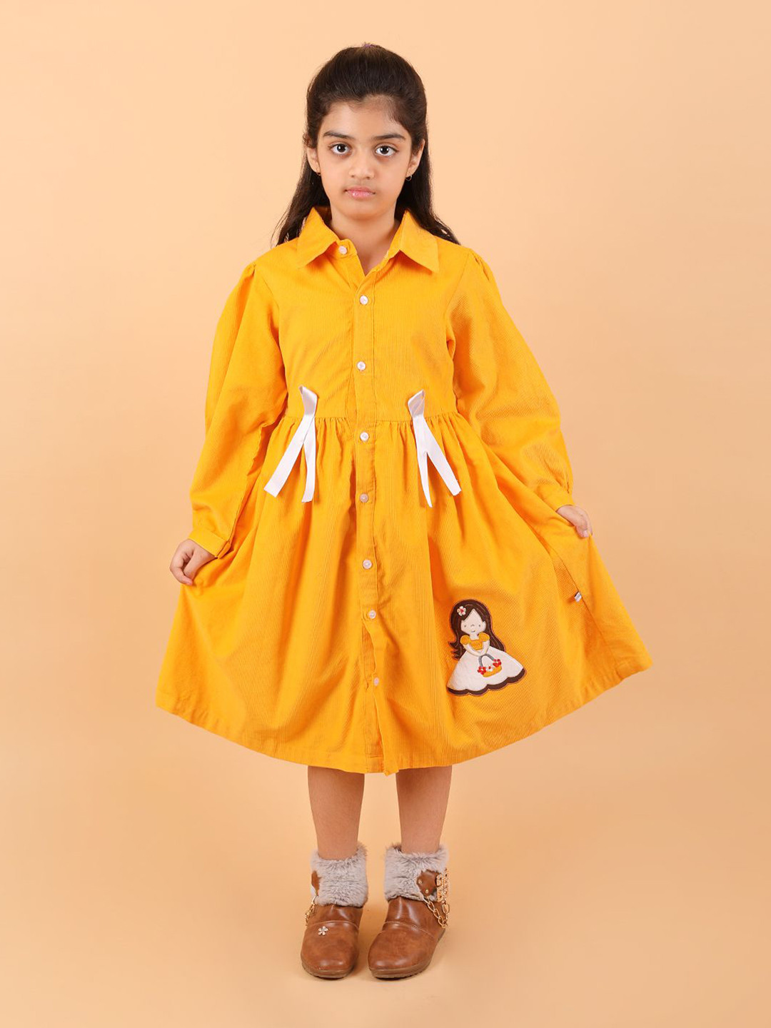 BAESD Girls Puff Sleeve Corduroy Shirt Dress with Bow Details