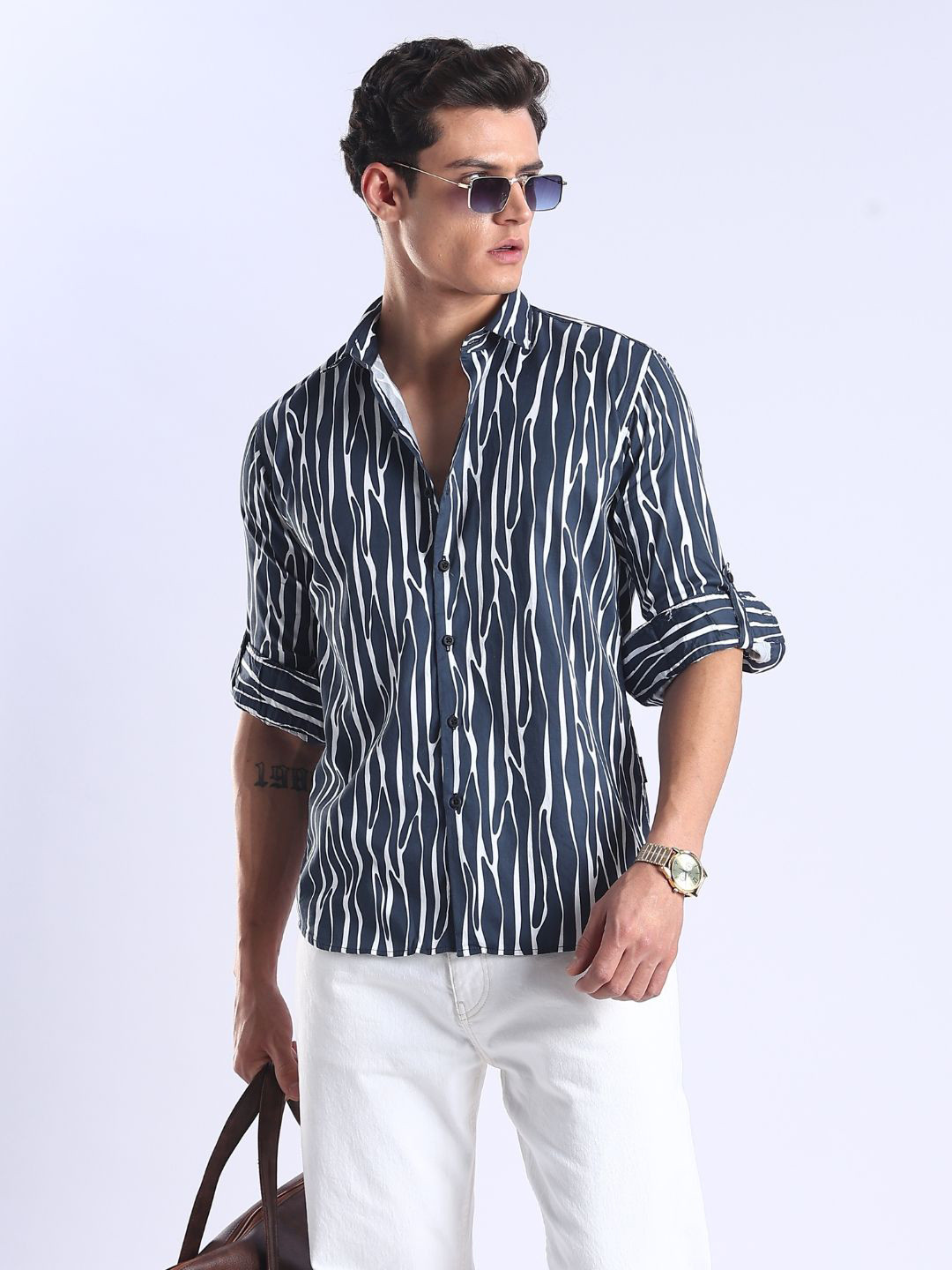 COOL COLORS Men Comfort Slim Fit Abstract Printed Spread Collar Cotton Casual Shirt