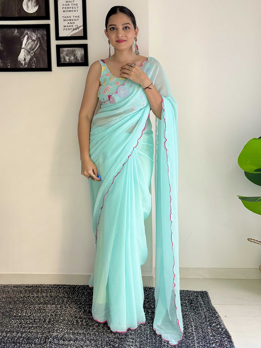 KALINI Embroidered Border Saree With Unstitched Blouse Piec