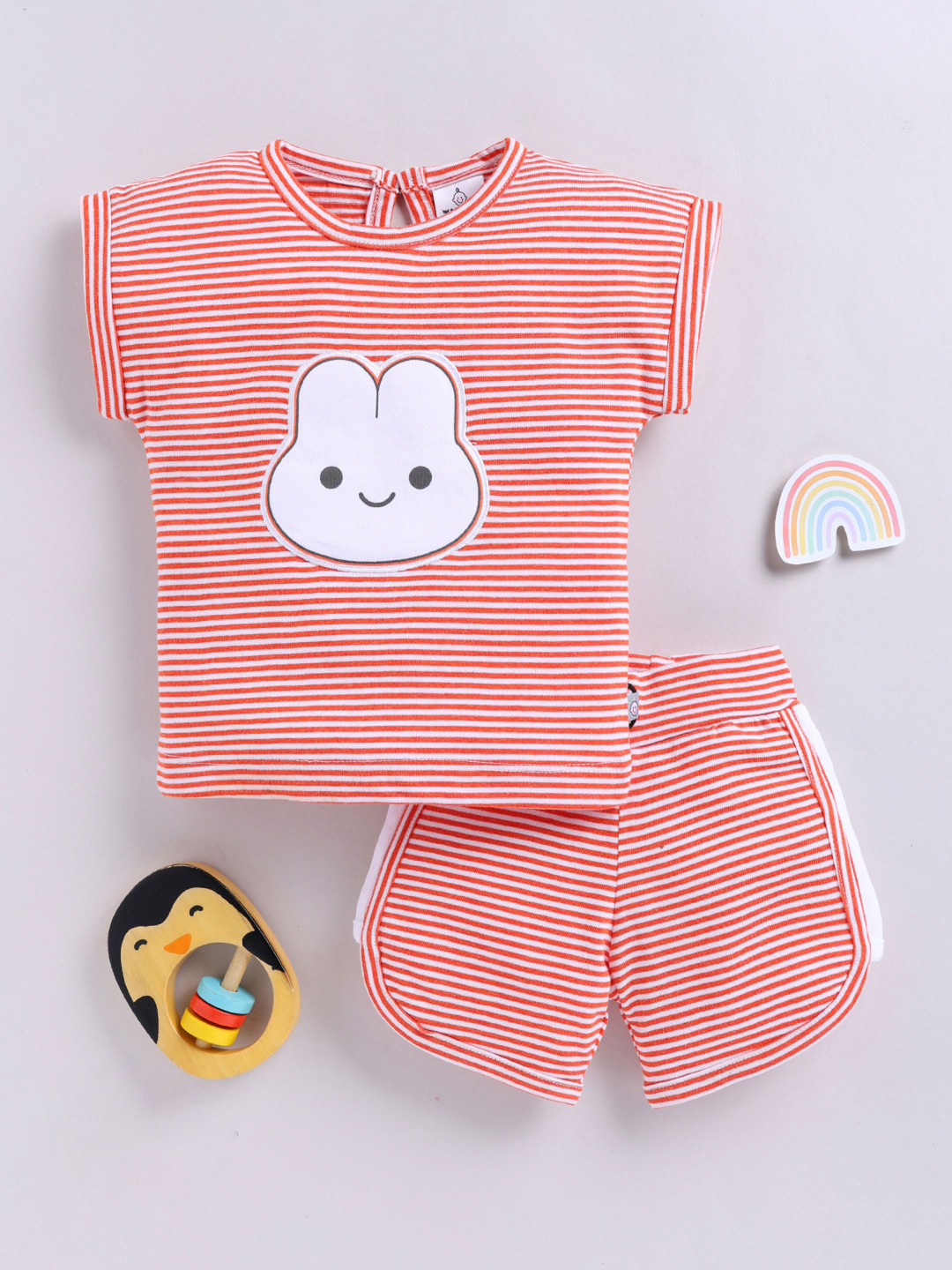 YK X Tinyo Infant Girls Pure Cotton Striped Rabbit Applique Detail Top & Shorts