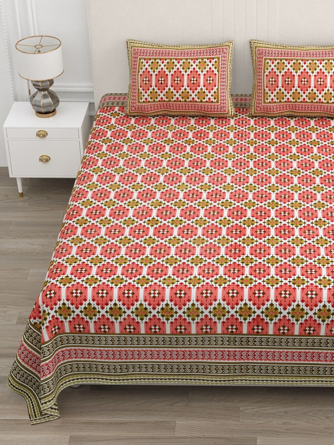 ATARAH Pink & White Geometric Pure Cotton 144 TC Double King Bedsheet Set-2.25 m X 2.75 m