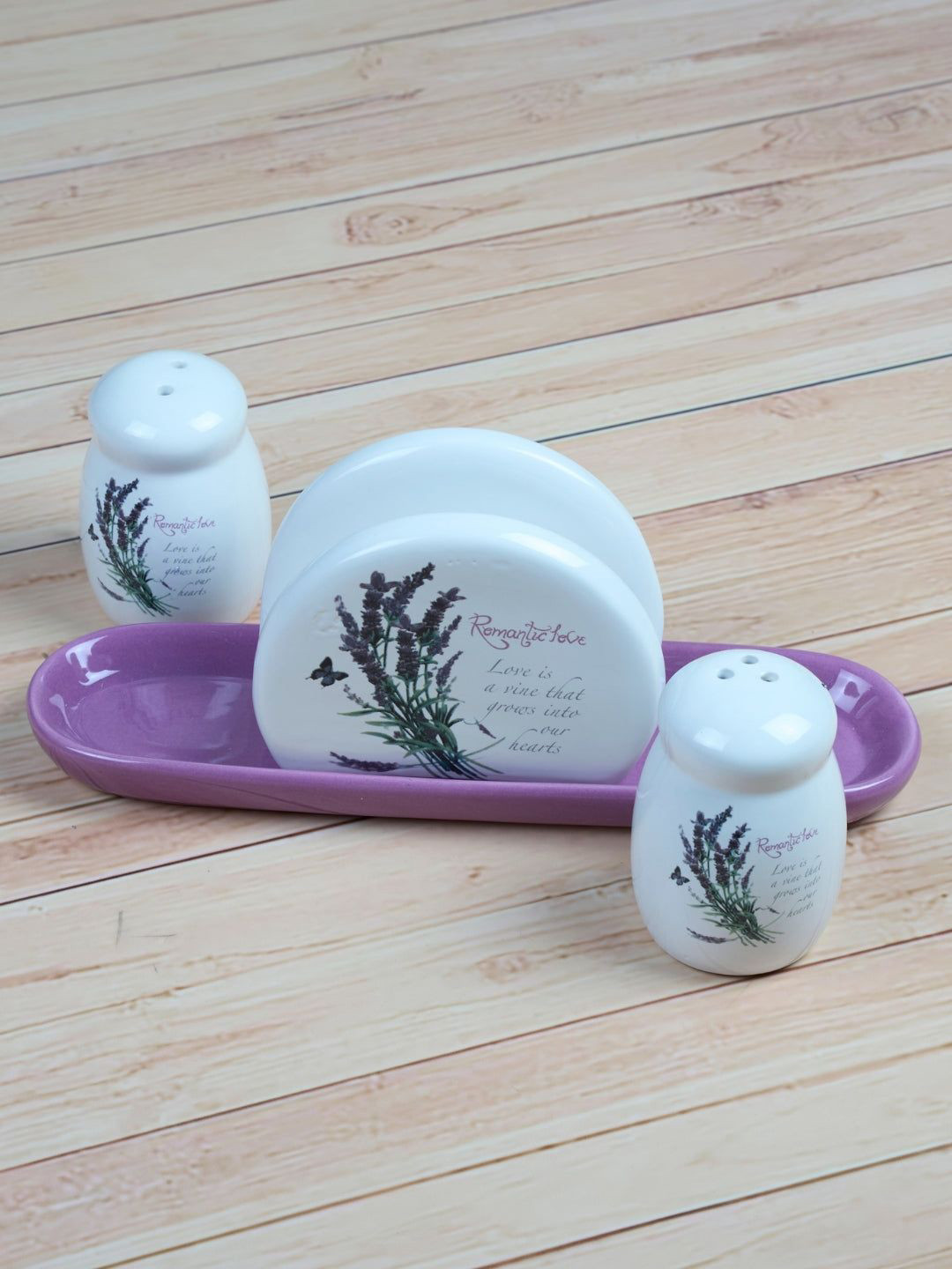 Kookee Purple & White Printed Ceramic Salt & Pepper Shakers Set With Tray