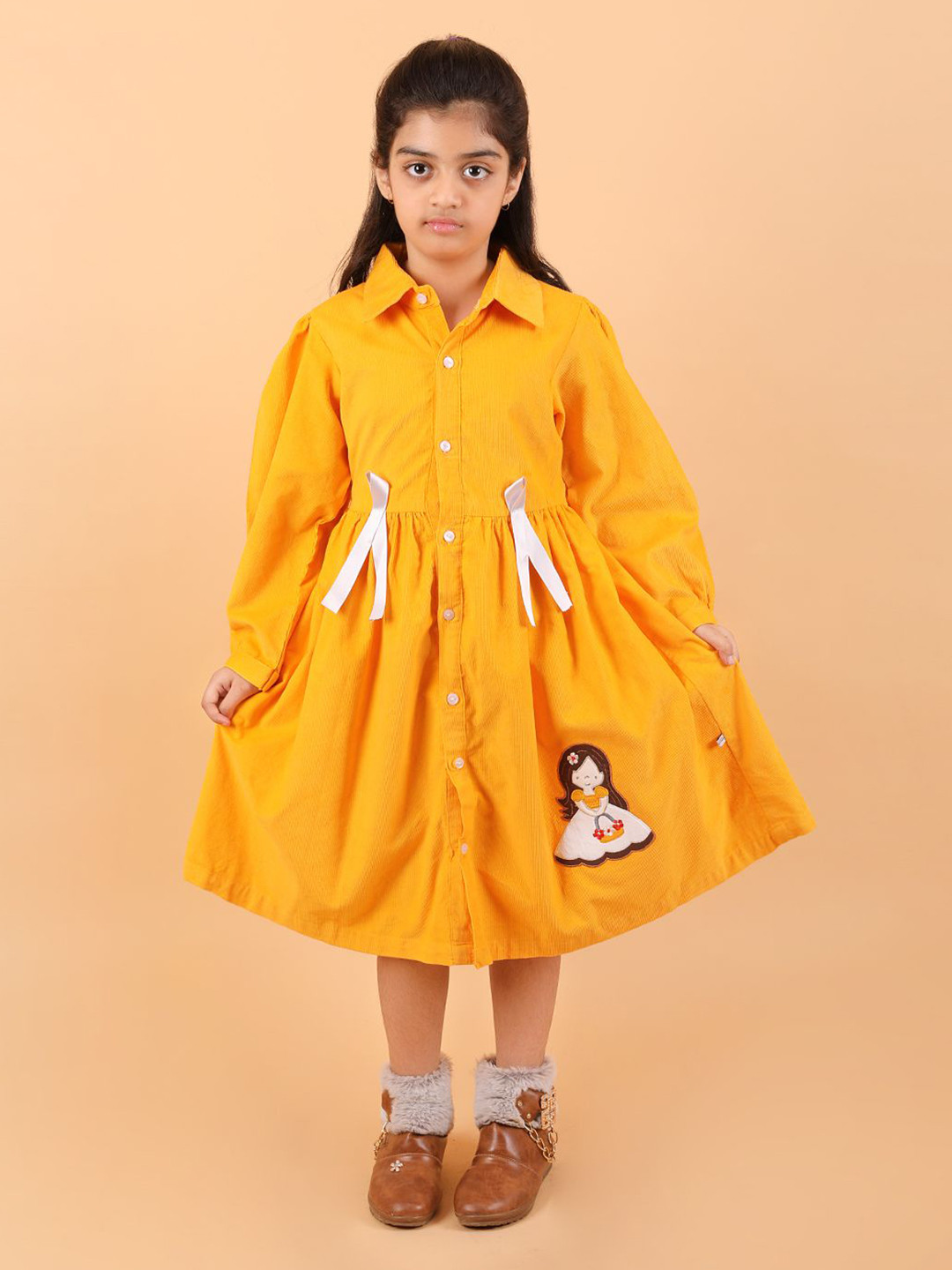 CALYX CLOTHING Girls Cotton Puff Sleeve Shirt Dress with Bow Details