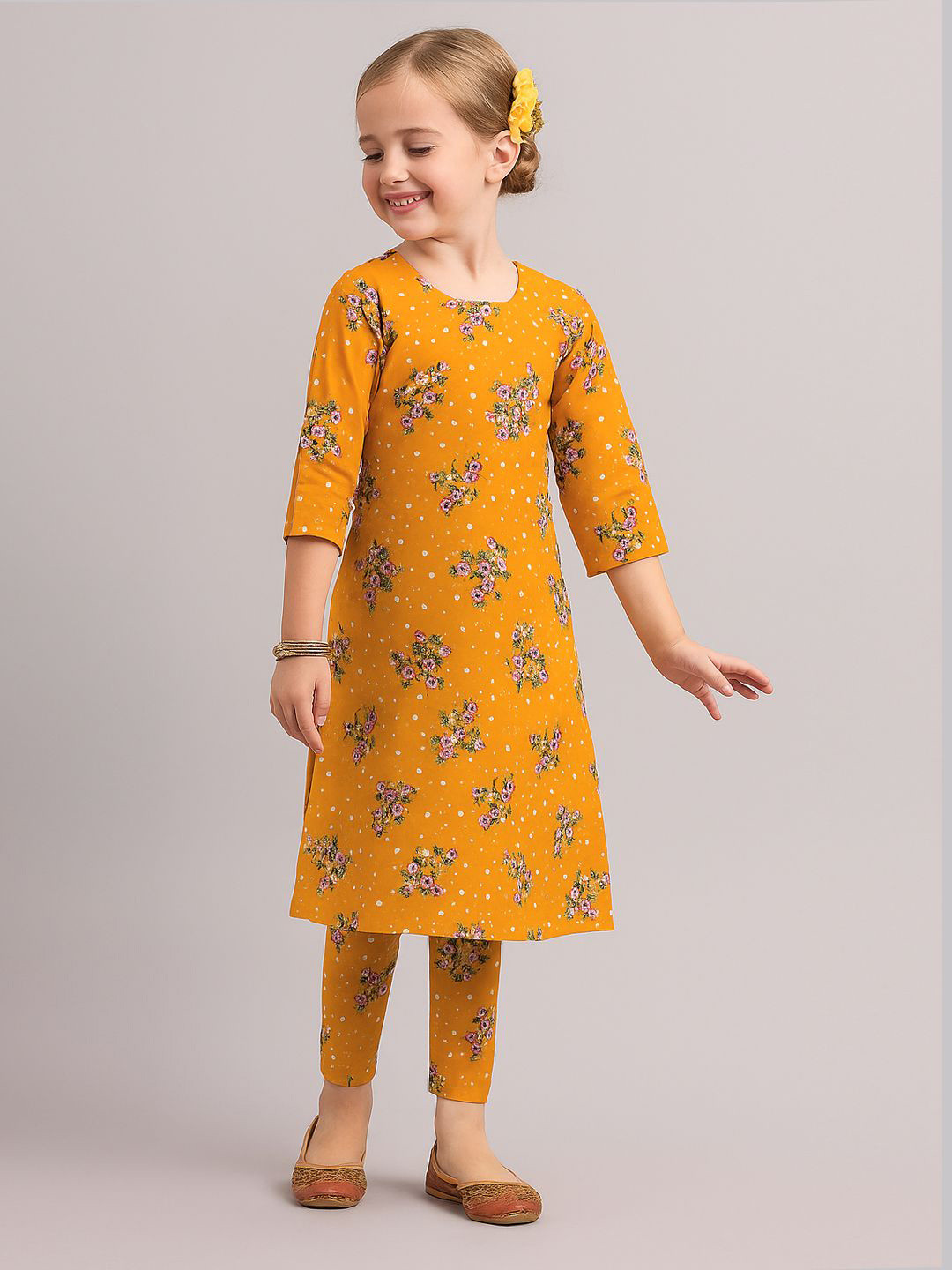 A.T.U.N. Girls Floral Printed Three-quarter Sleeve Kurti and Pant Set