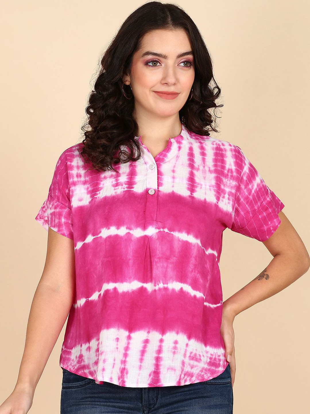 PinkTribe Women Tie and Dye Mandarin Collar Top
