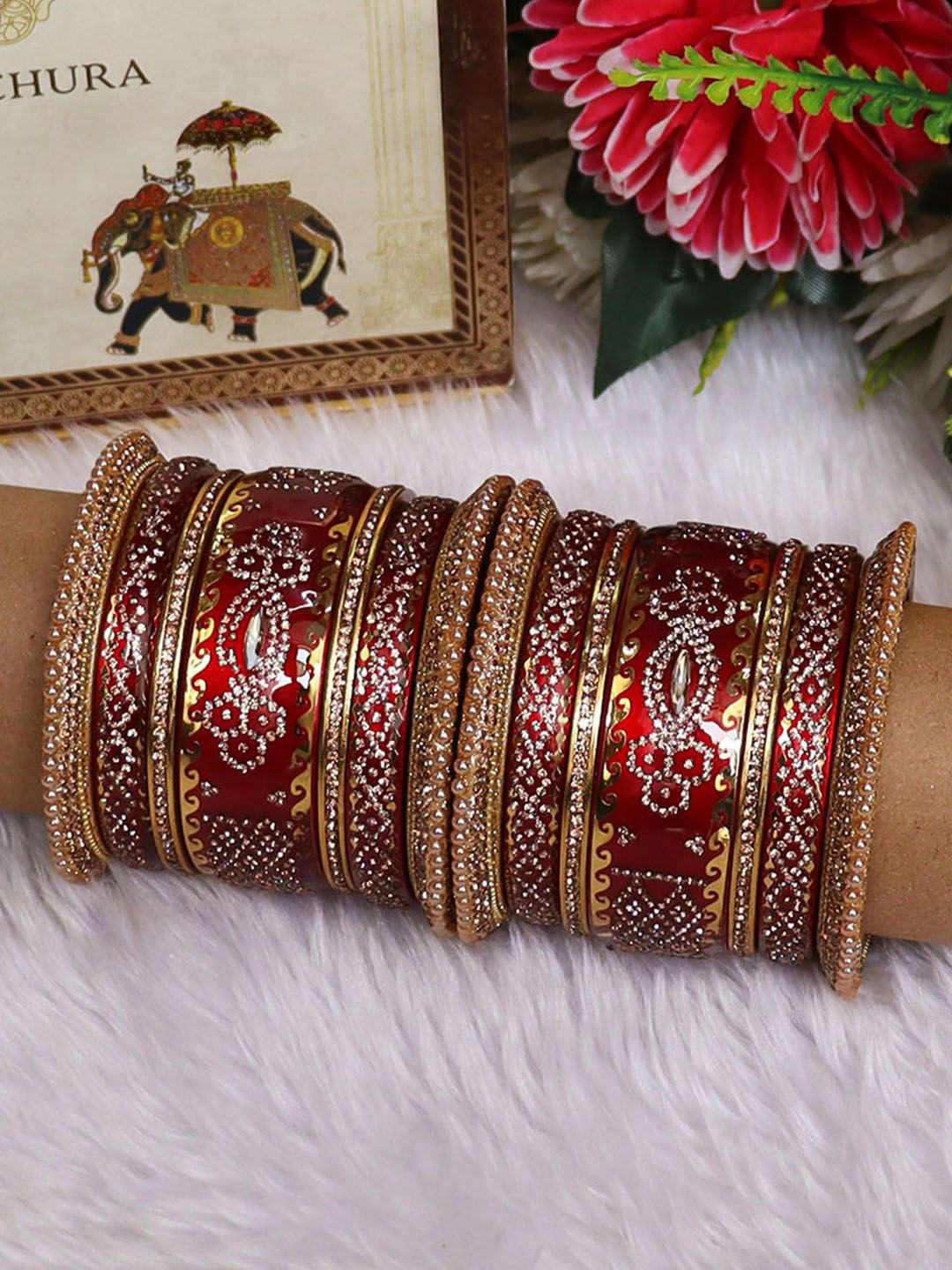 TAJ BRIDAL STORE Set Of 14 Kundan Studded Wedding Chura Bangles