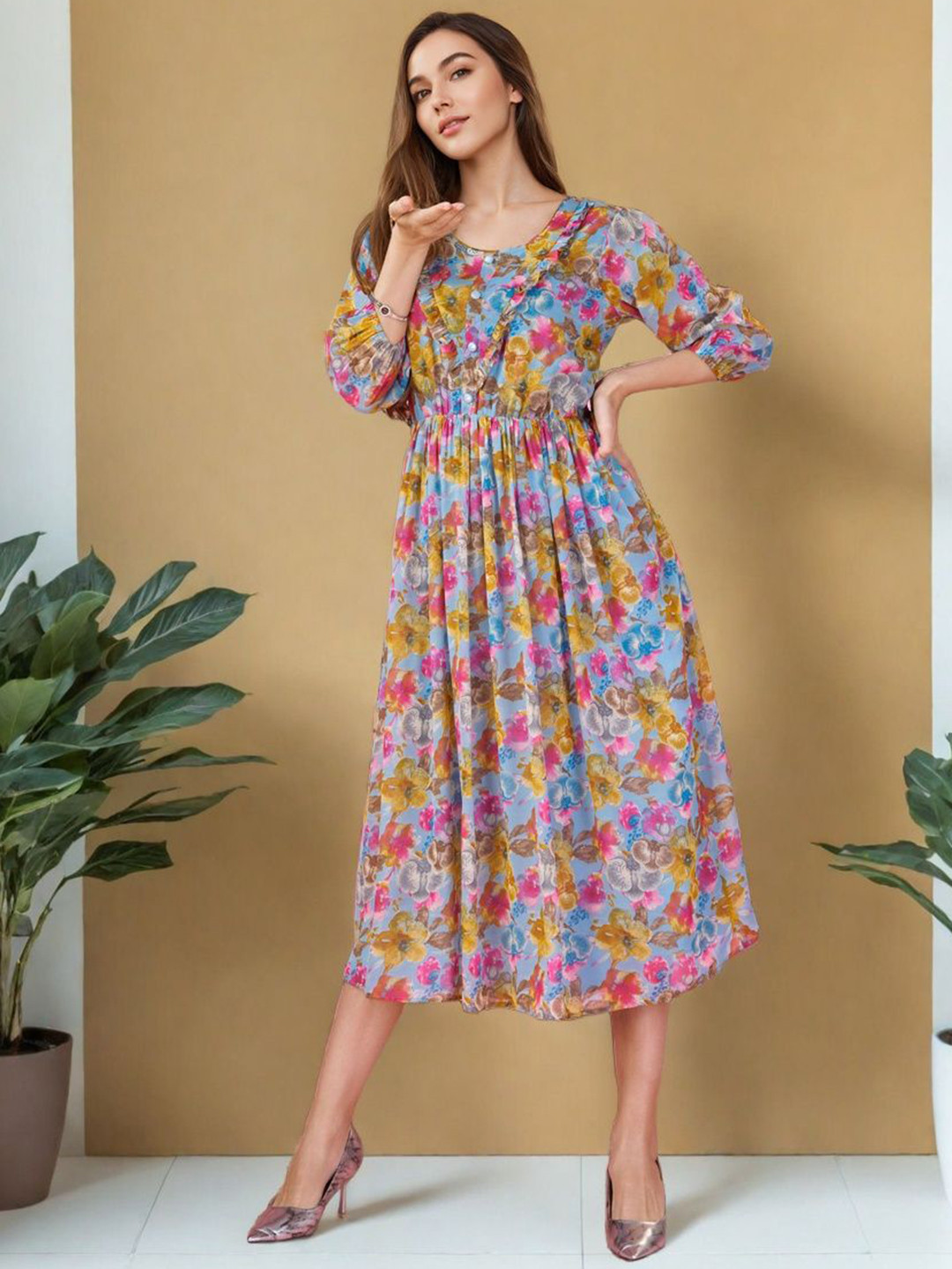 SZN Floral Printed Puff Sleeves Fit And Flare Dress With Ruffles
