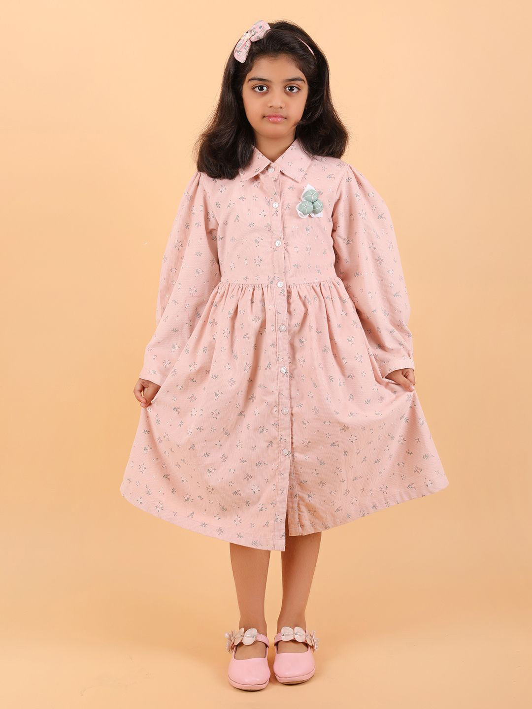 BAESD Girls Floral Print Puff Sleeve Applique Cotton Shirt Midi Dress with Belt