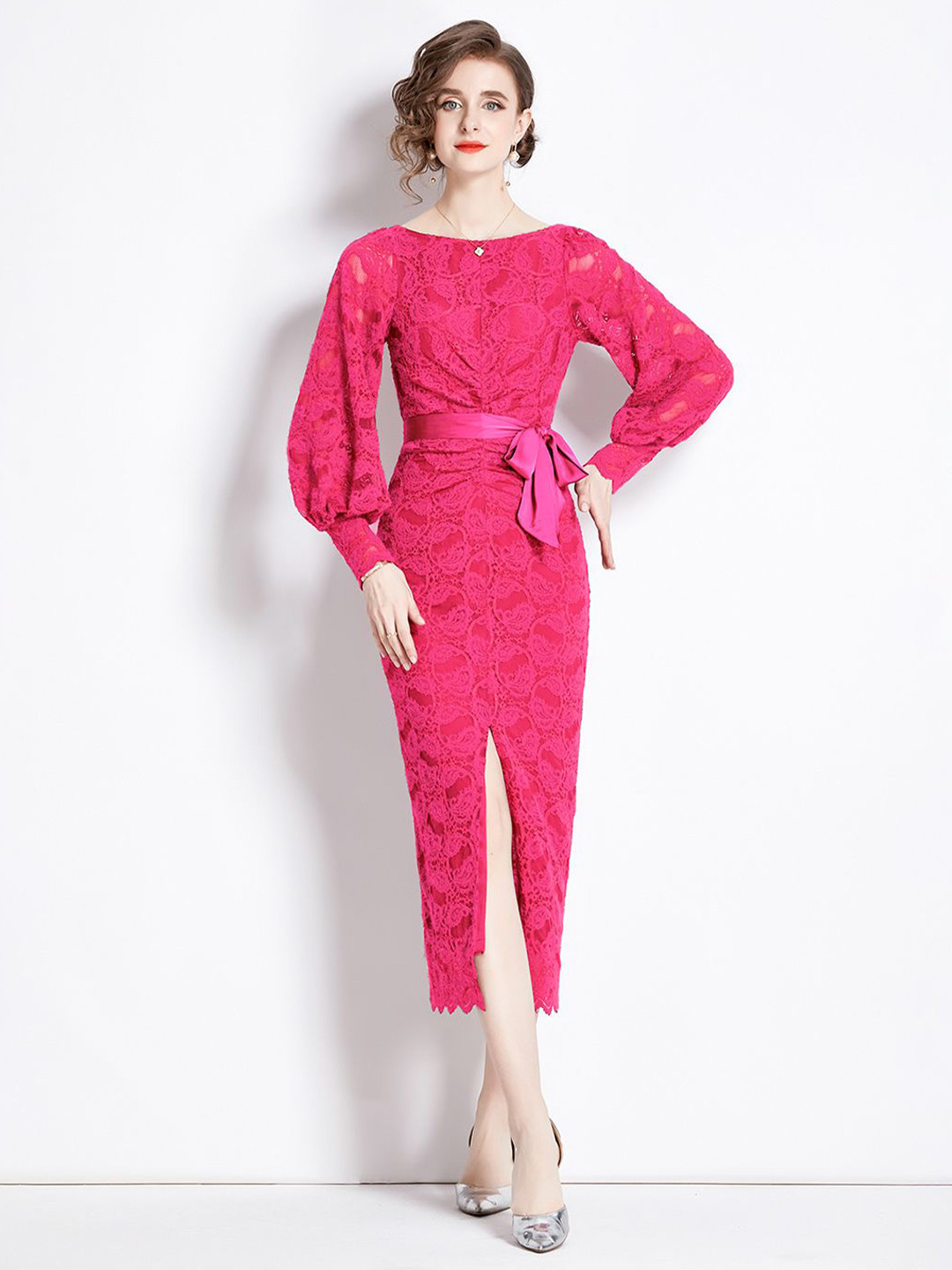 JC Collection Women Self Design Boat Neck Slit Bodycon Midi Dress