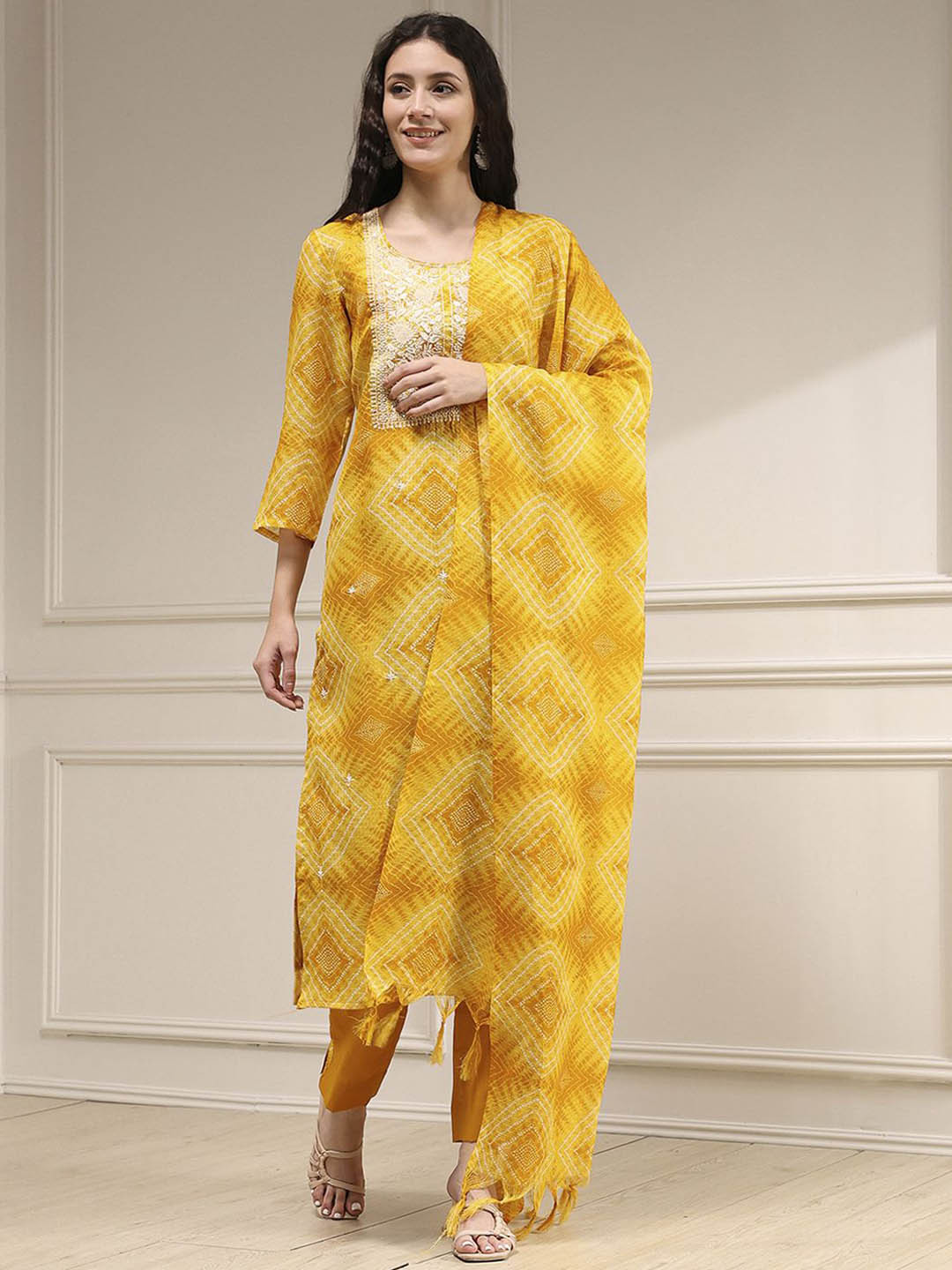 Biba Women Yellow Printed Cotton Unstitched Kurta Pant & Dupatta Dress Material