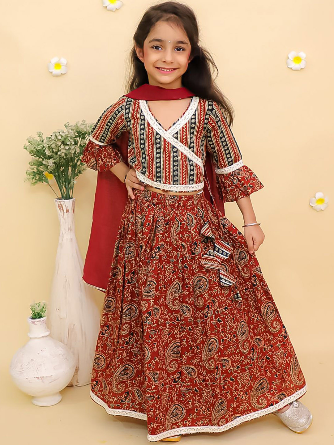 The Mom Store Girls Kalamkari Cotton Lehenga Set with Dupatta