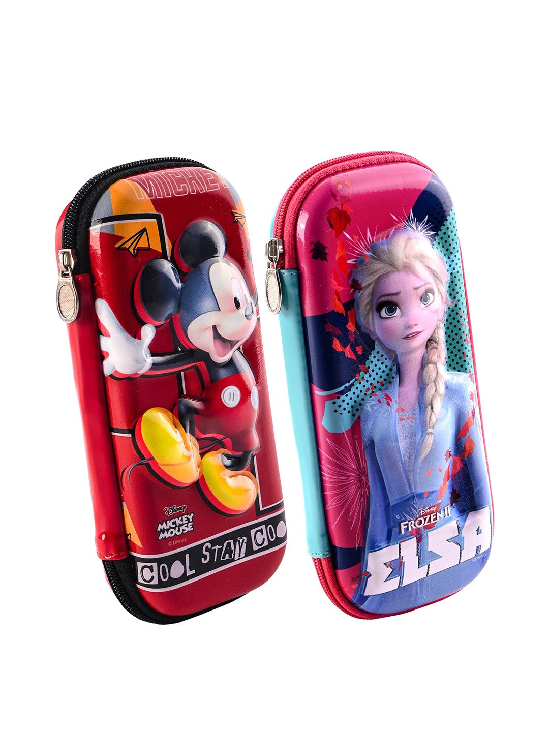 YK Girls Set Of 2 Mickey & Frozen Elsa Printed 3D Pencil Boxes with Zip