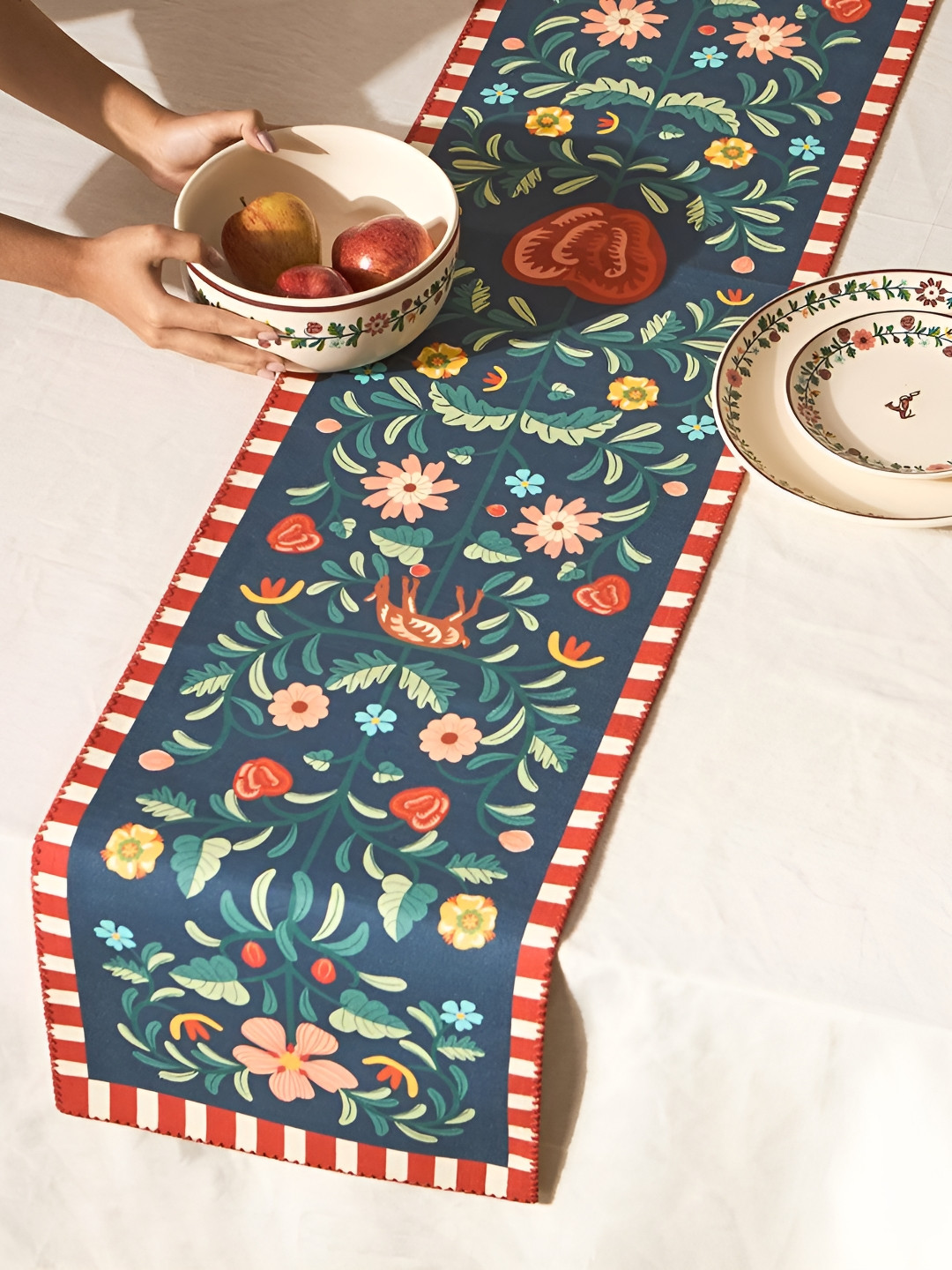 Chumbak Navy Blue & Green Kashmiri Apple Orchards Table Runner