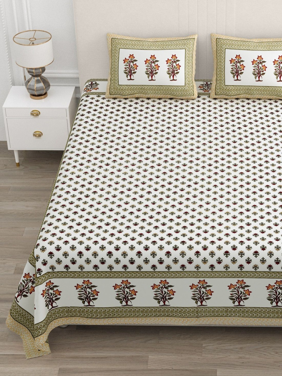 ATARAH Yellow & White Printed Pure Cotton 144 TC King Bedsheet Set 2.25 m x 2.75 m