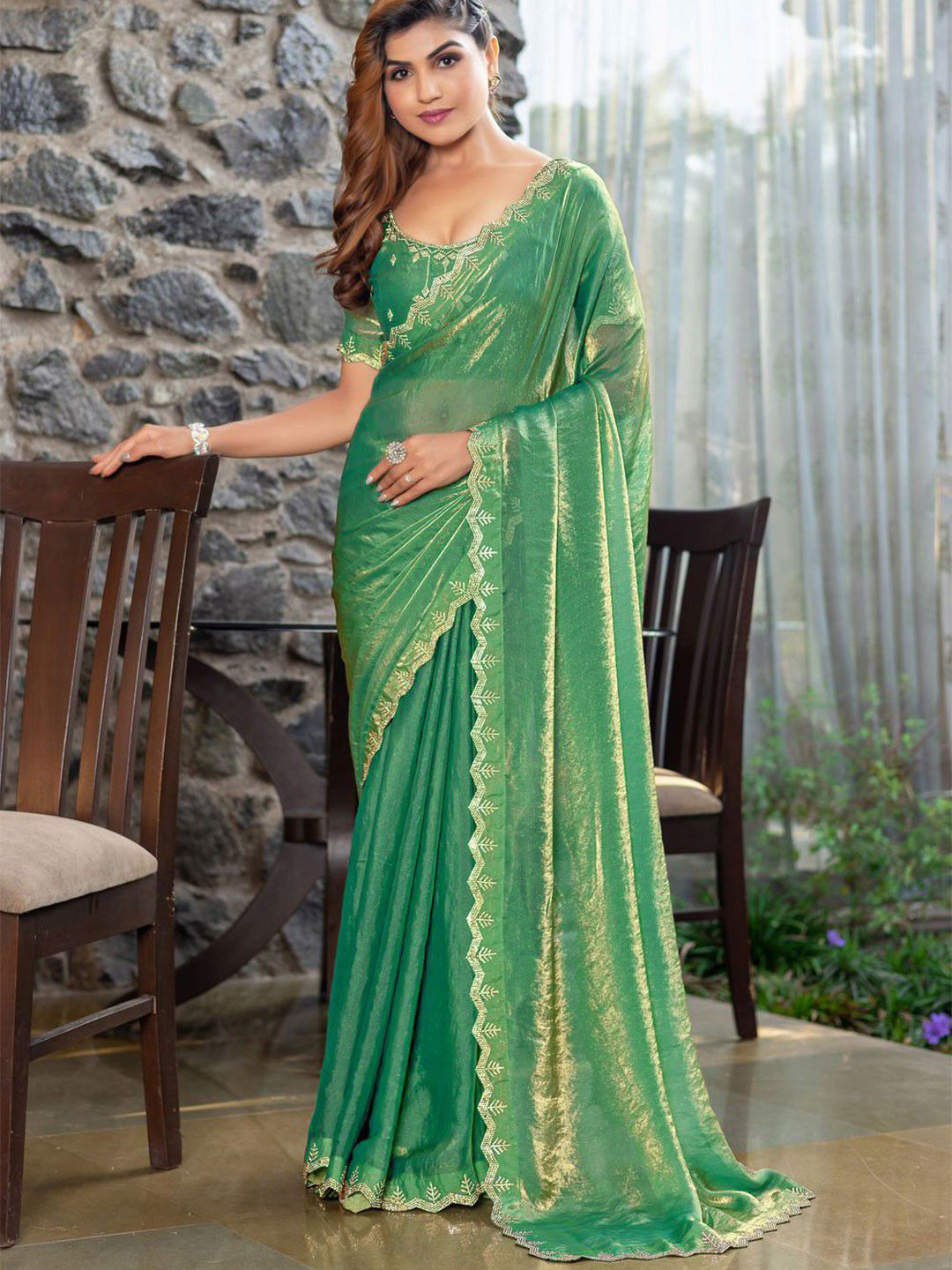 MADHUR HAND WORK ART  Solid Saree With Embroidered Beads and Stones Border