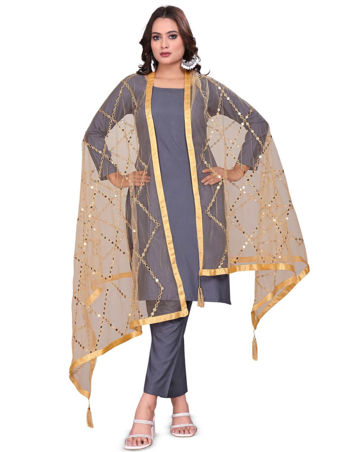 Kemza Embroidered Net Dupatta With Mirror Work