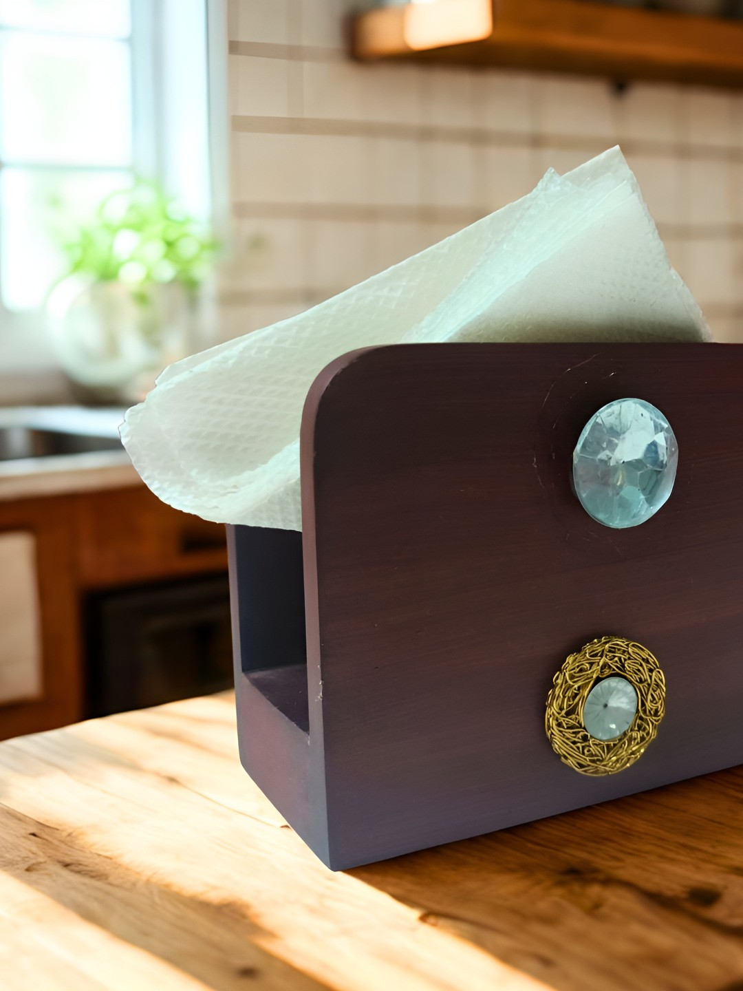 THE HOME CO. Brown & Blue Rectangle Shape Wood Tissue Holder