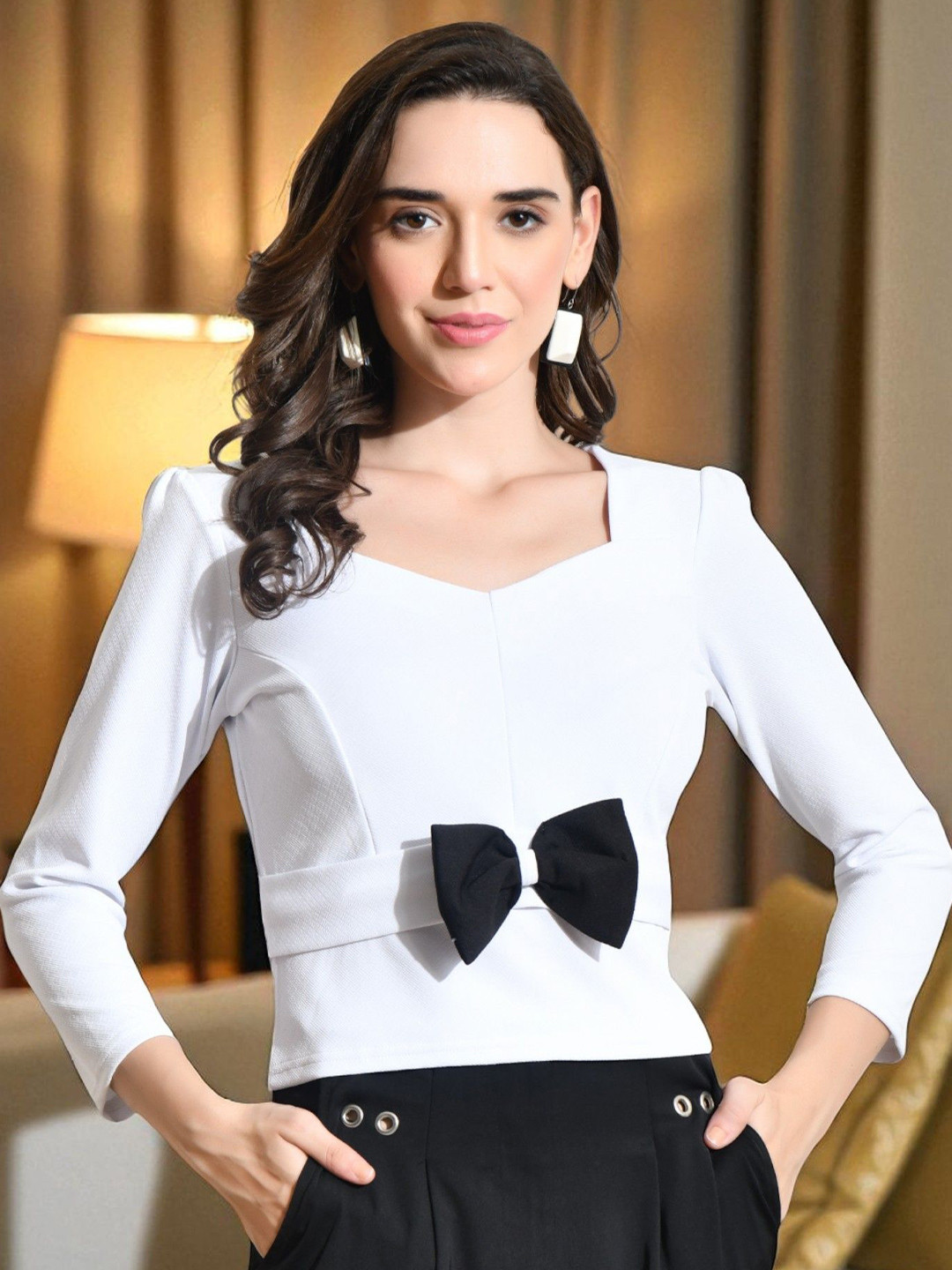 SFOTY Women Monochrome Sweetheart Neck Puff Sleeve Bow Detail Top