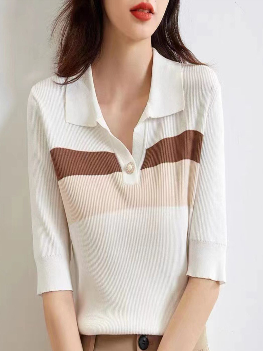 bebe White Colorblock Three-quarter Sleeves Ribbed Knit Polo Top