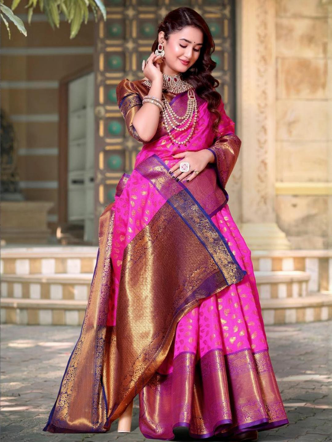 jayant creation Pink Silk Blend Barasi Sarees