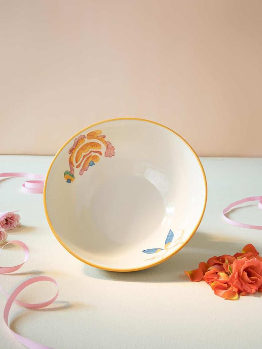 FREEDOM TREE Gypsy White & Rose Colored Printed Ceramic Serving Bowl