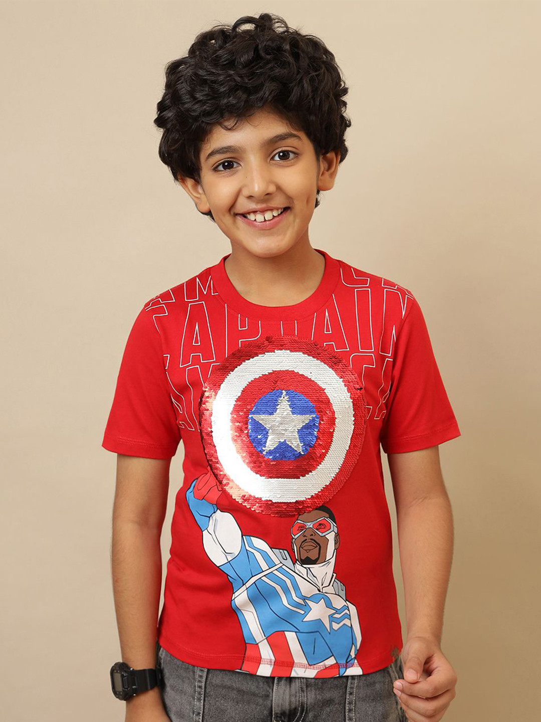 Kids Ville Boys Captain America Printed Reversible Sequin Regular Fit Tshirt