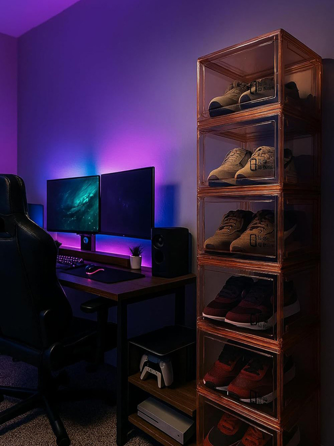 HOUSE OF QUIRK Beige 8 Pieces Clear Stackable Shoe Storage Boxes with Magnetic Door