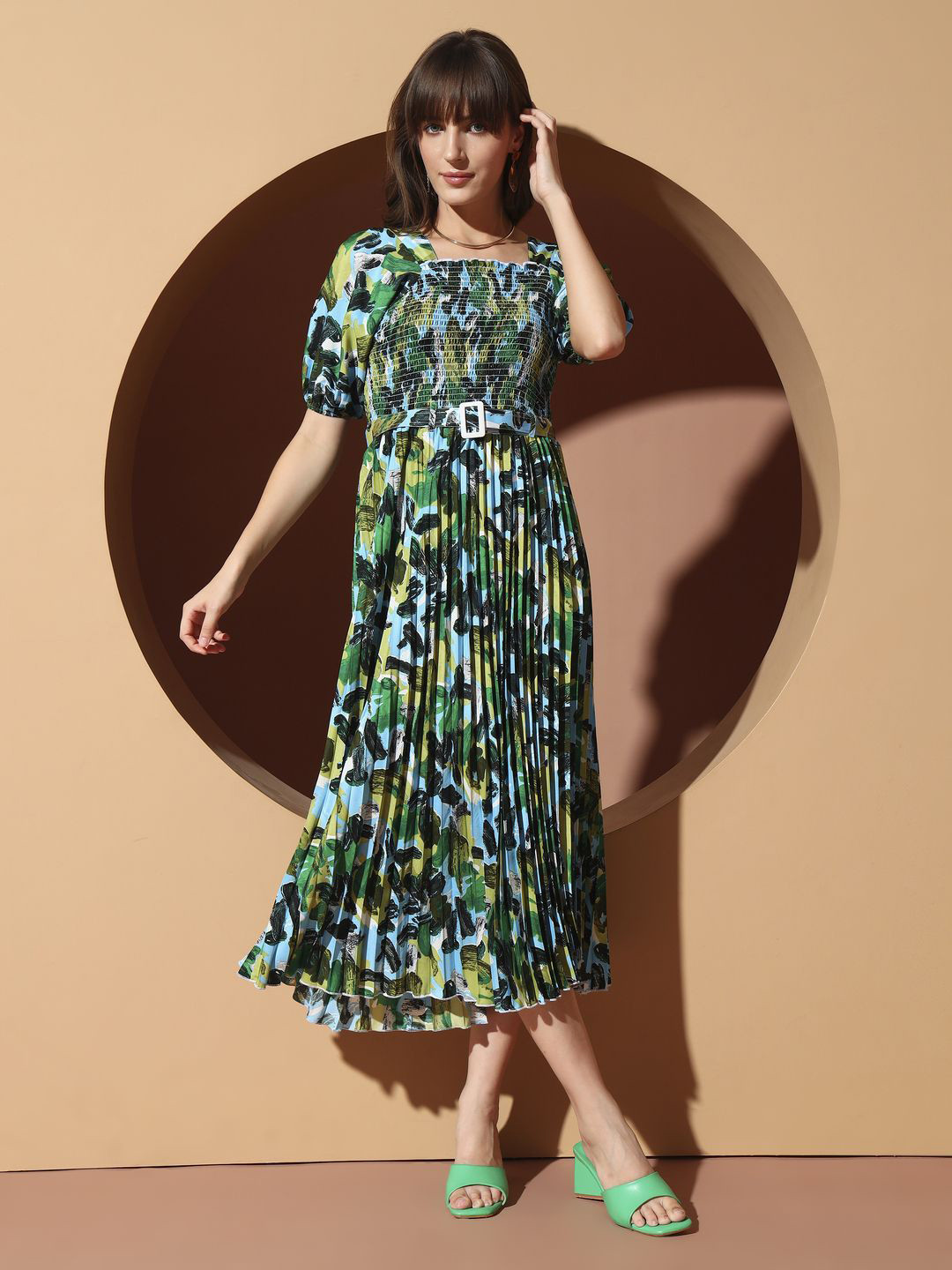 OTABU Panchi Floral Printed Puff Sleeves A-Line Midi Dress