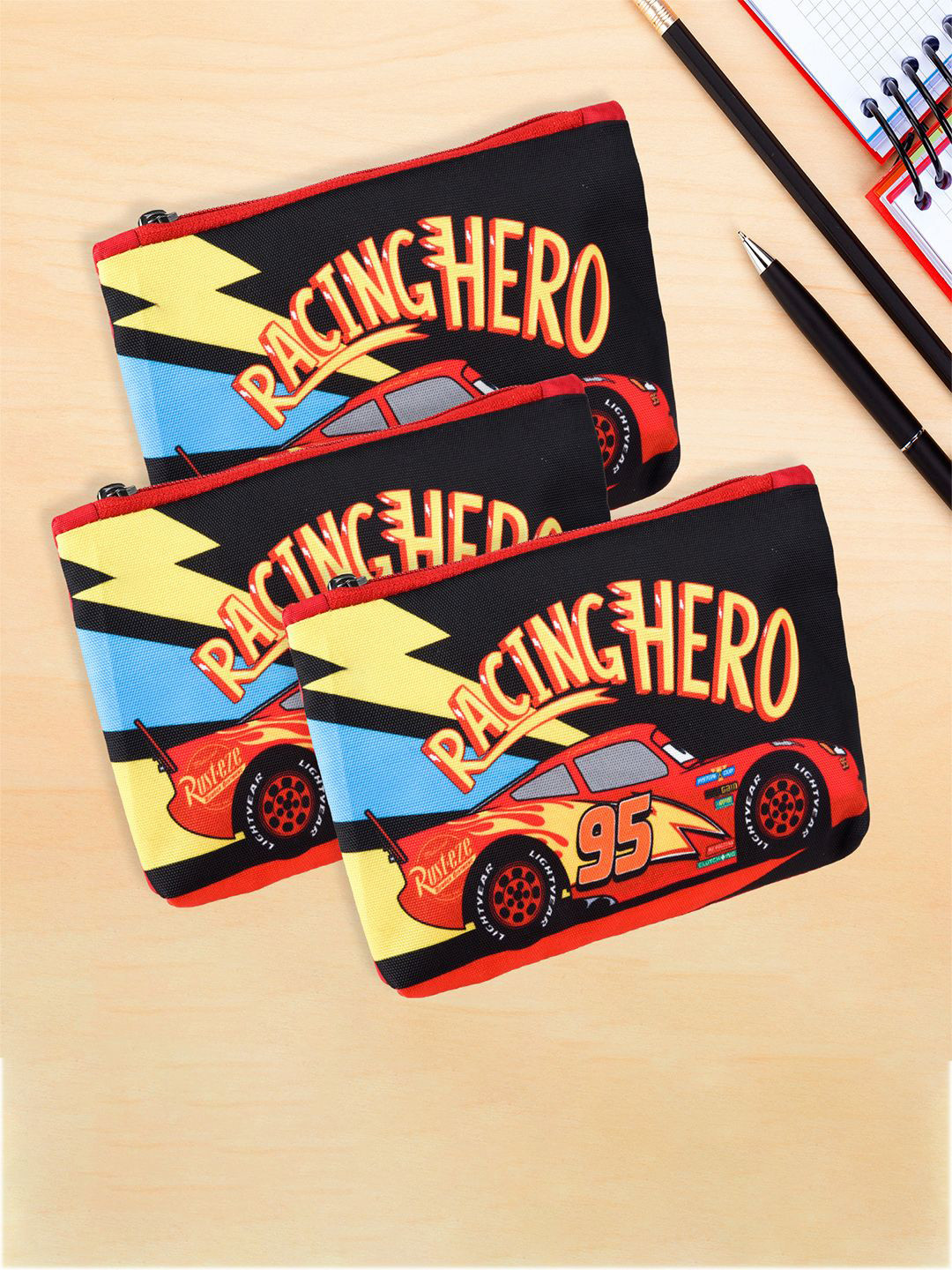 YK Kids Set Of 3 Disney Racing Car Printed Square Zipper Pencil Pouches