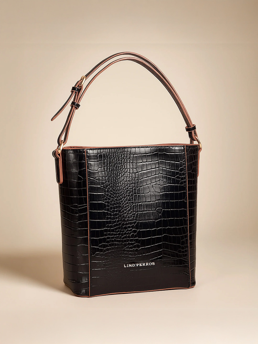 Lino Perros Black Croc Textured Shoulder Bag