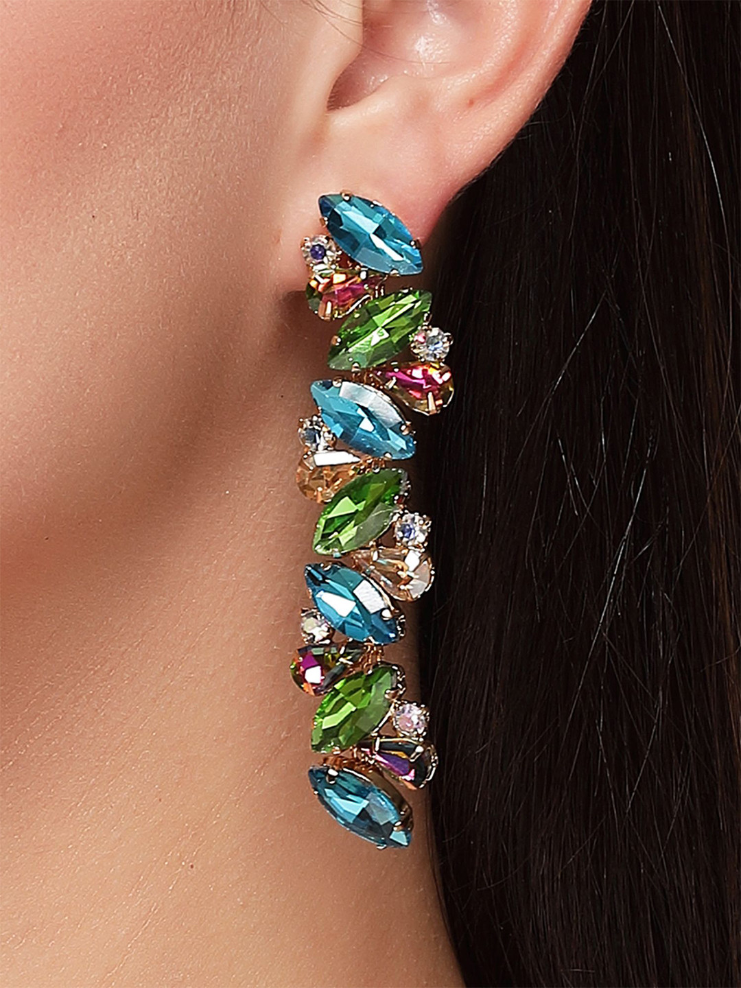 Bohey by KARATCART Gold-Plated Rhinestone Studded Teardrop Shaped Drop Earrings