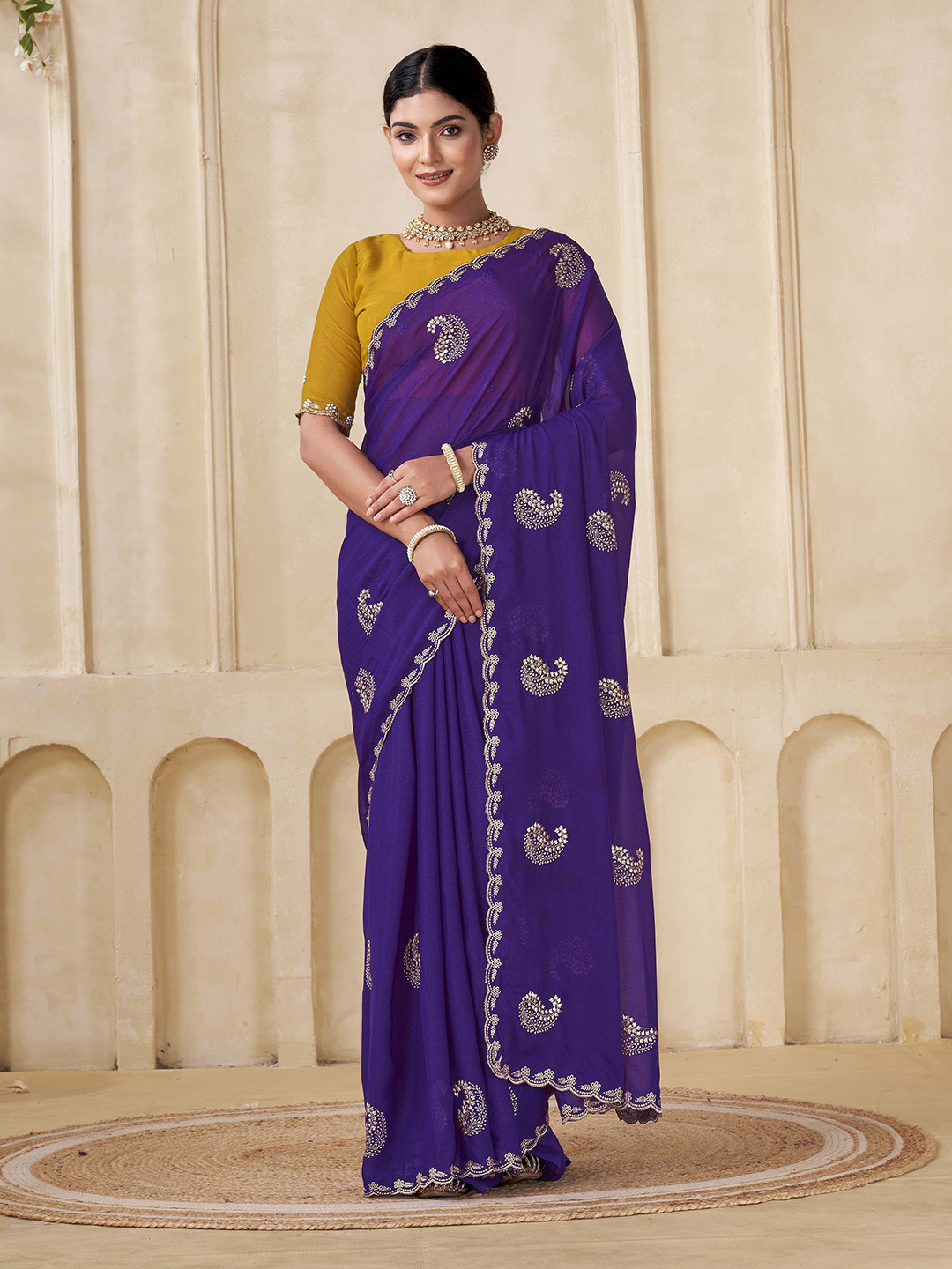 Zenophily Ethnic Motifs Embroidered Pure Georgette Saree