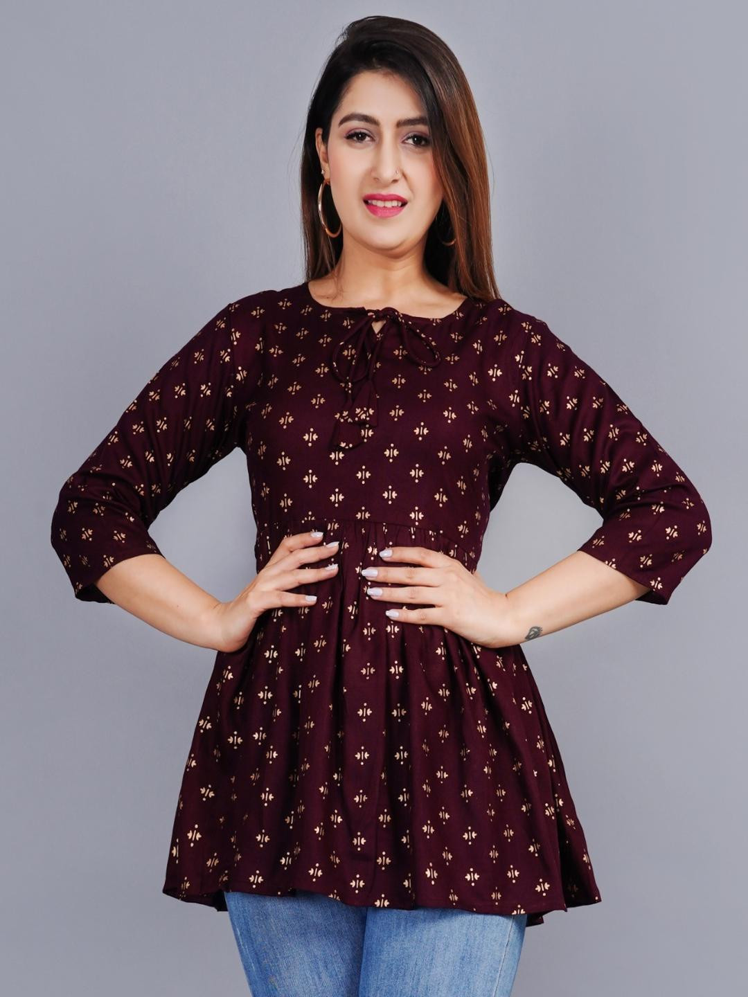 NUPITAL Women Wine Color Round Neck Three-Quarter Sleeves Block Print Casual Top