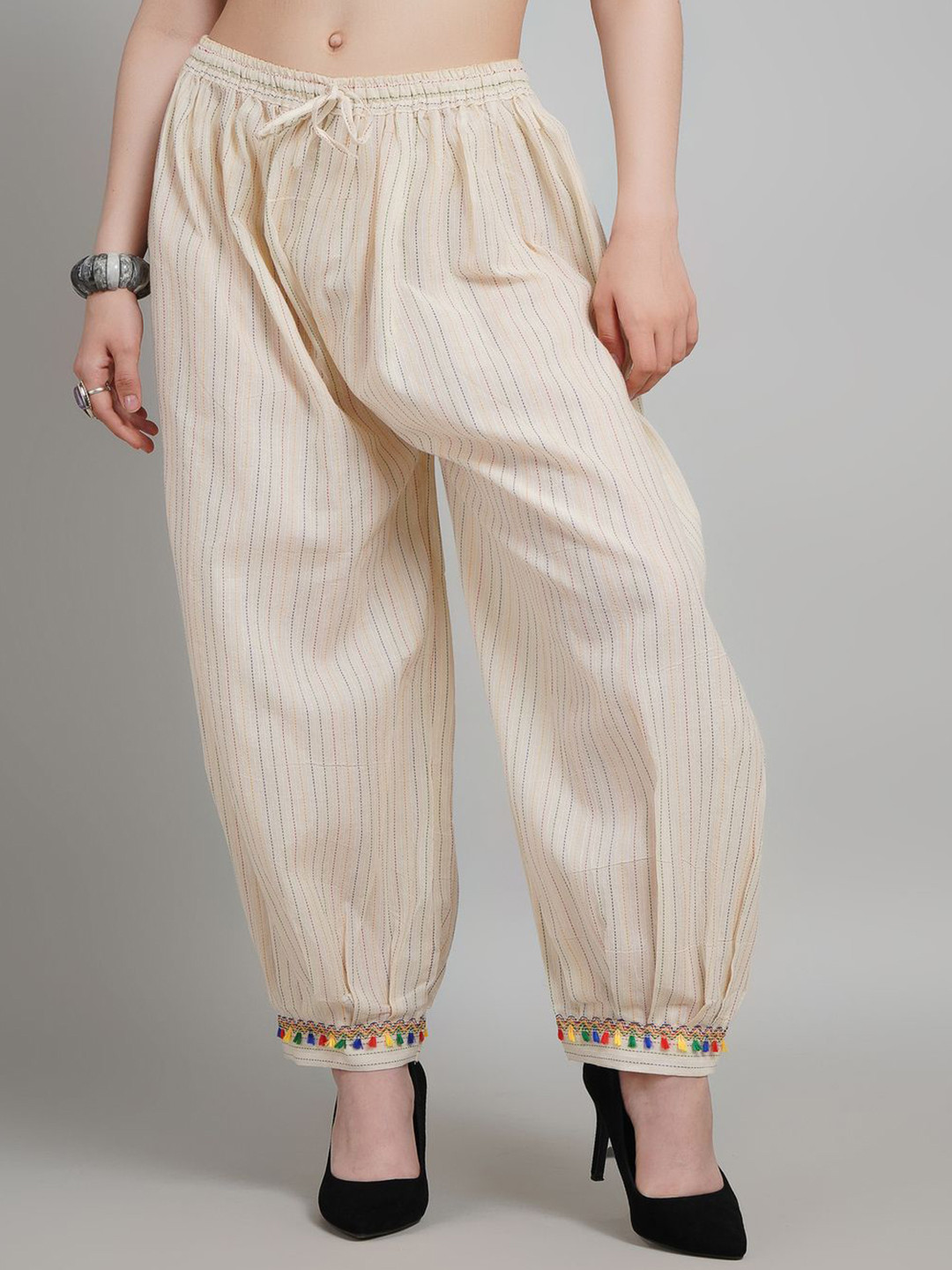 Karthav Fashion Women Striped Kantha Work Loose Fit Cotton Afghani Salwar