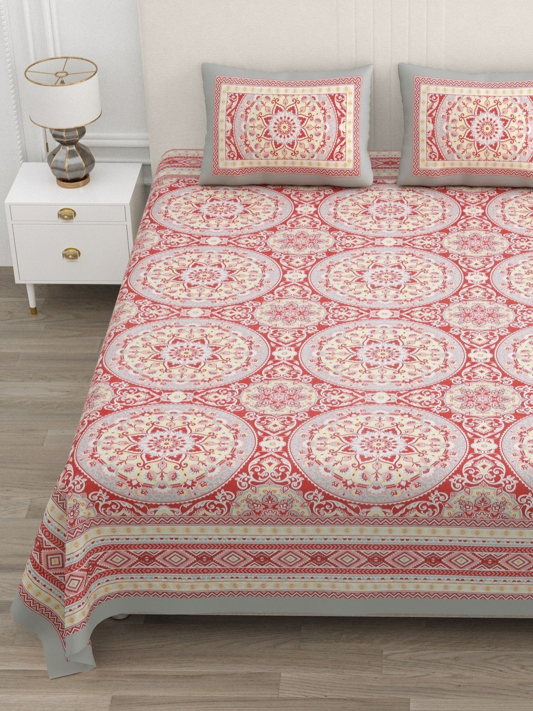 ATARAH Pink & Grey Printed Pure Cotton 144 TC King Bedsheet Set 2.25 m x 2.75 m