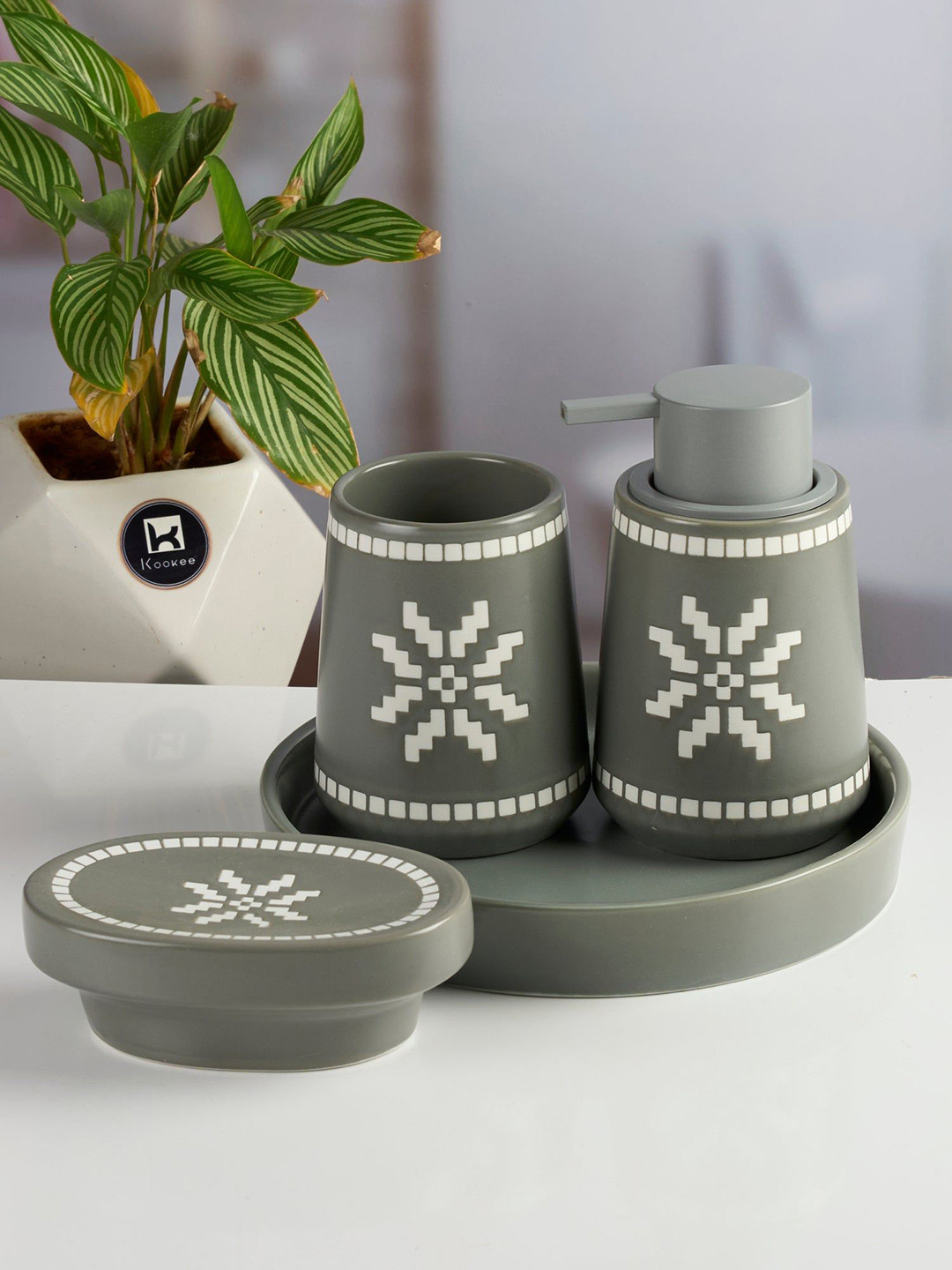 Kookee Grey & White 4 Pieces Ethnic Motifs Ceramic Bath Accessories Set
