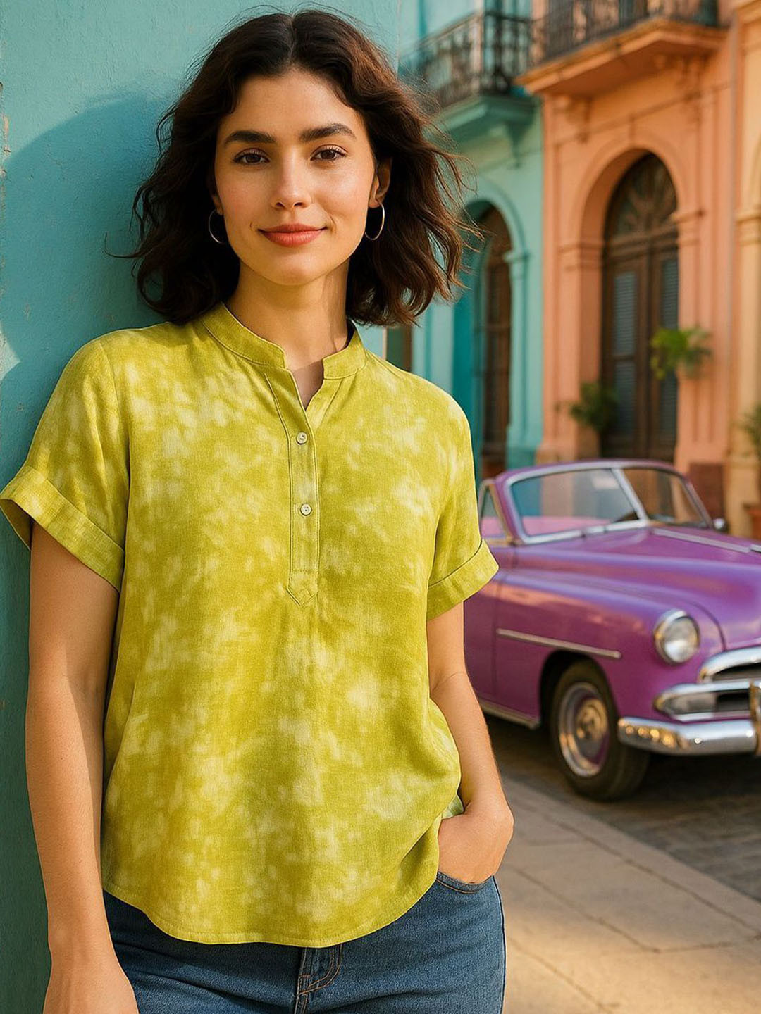 PinkTribe Tie and Dye Mandarin Collar Top