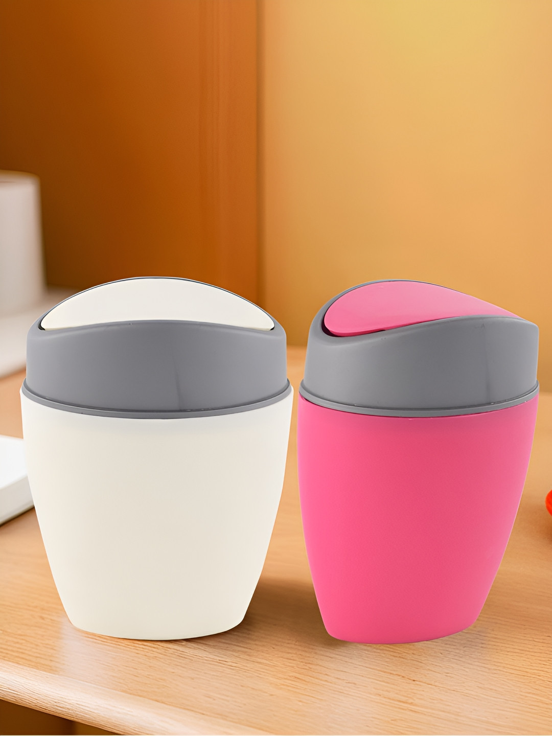 Aura White & Pink 2 Pieces Mini Swing Lid Dustbins - 1.25 L