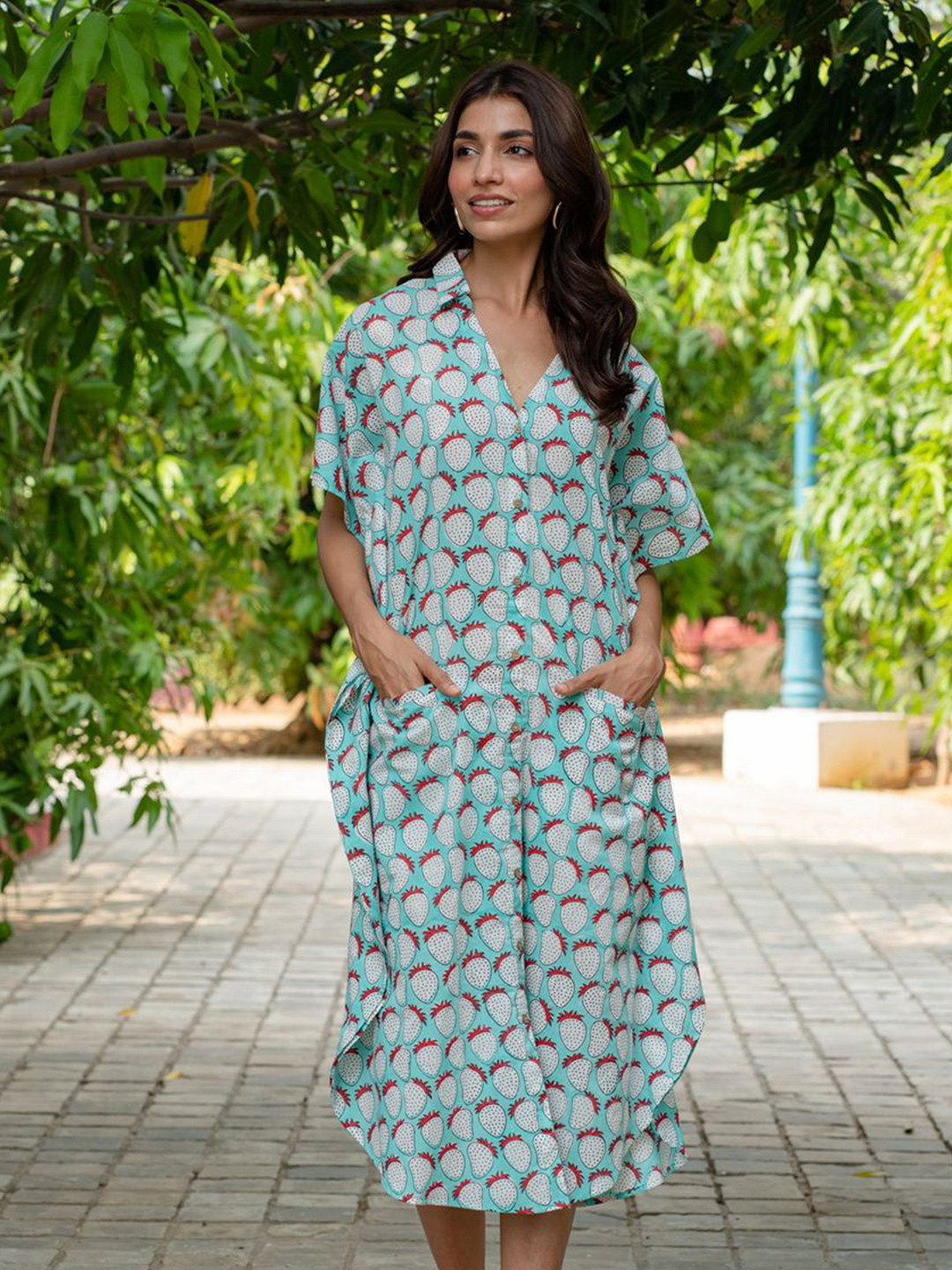 PHUTARI Women Shirt Collar Hand Block Printed Kaftan Shirt Dress