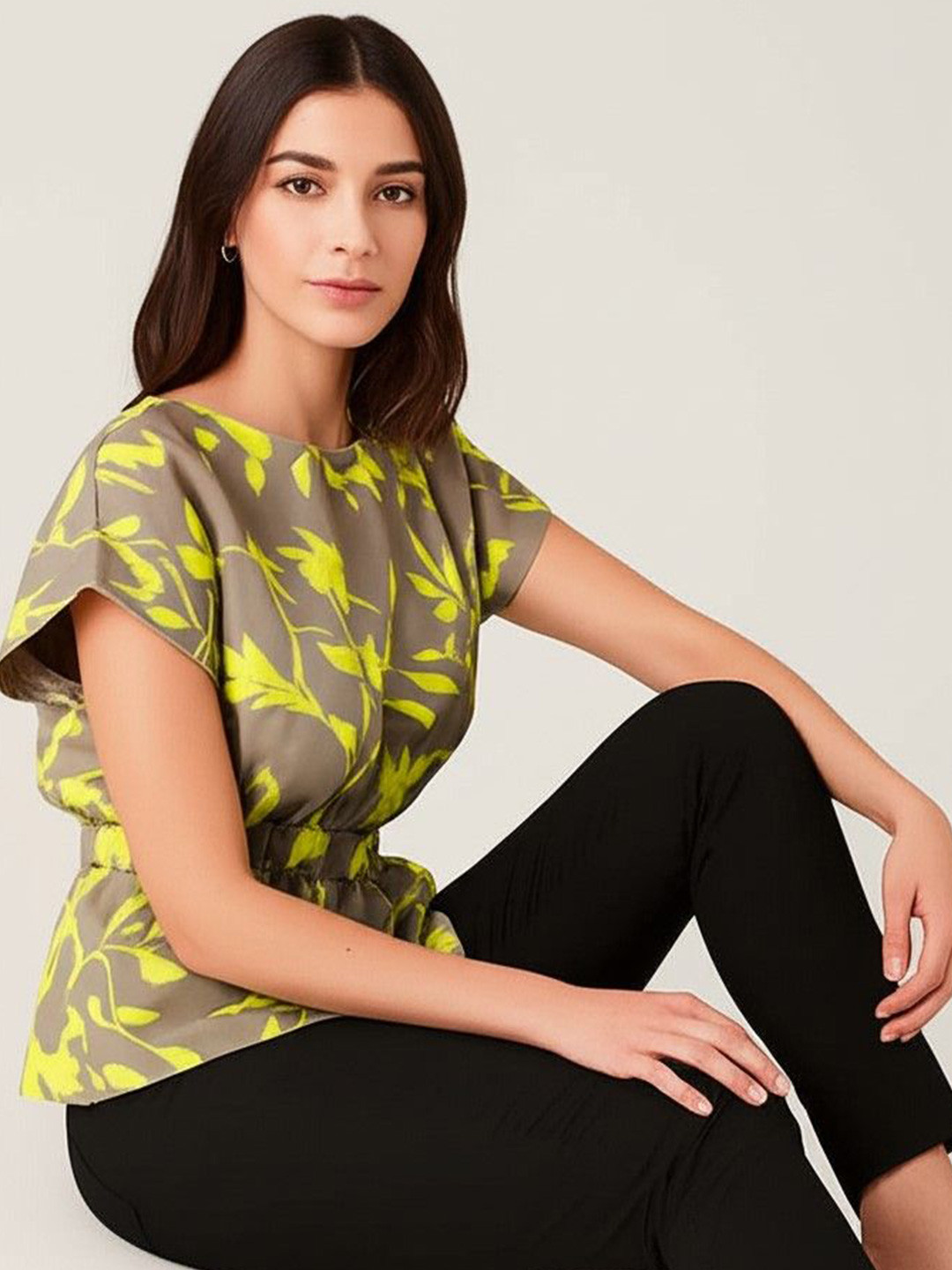 sollobell Women Tropical Printed Boat Neck Extended Sleeves Peplum Top