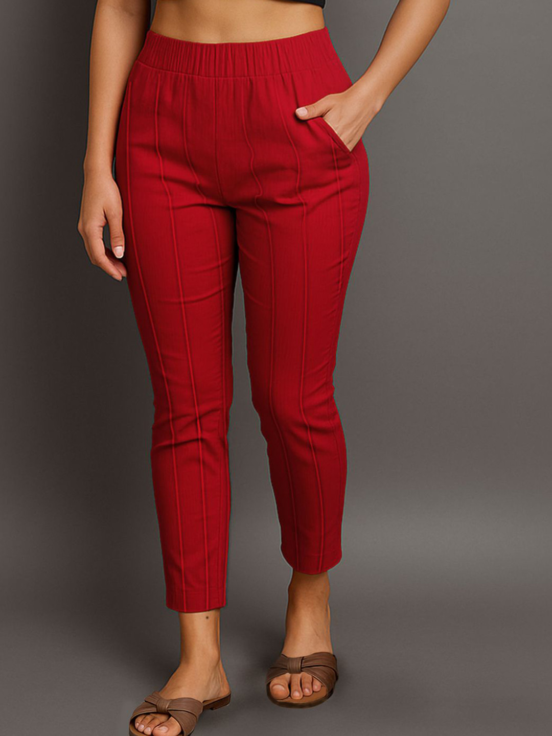 Classy Hangers Women Striped Flat-Front Cotton Cigarette Trouser