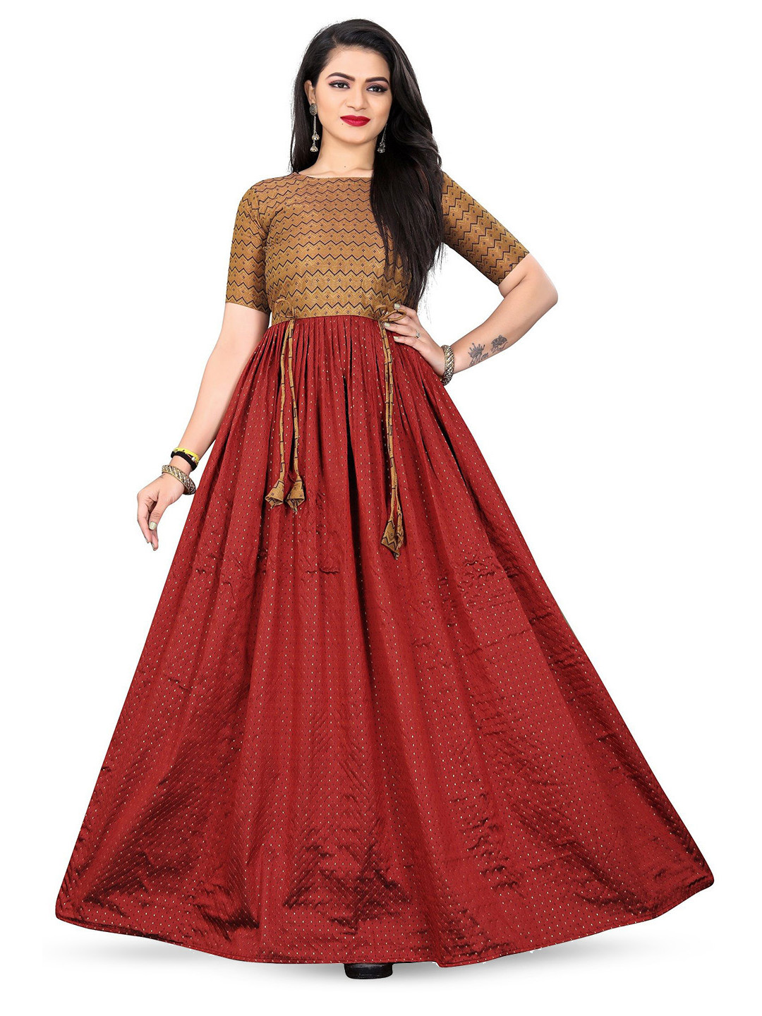 Thapnath Women Striped Boat Neck Maxi Ethnic Dress