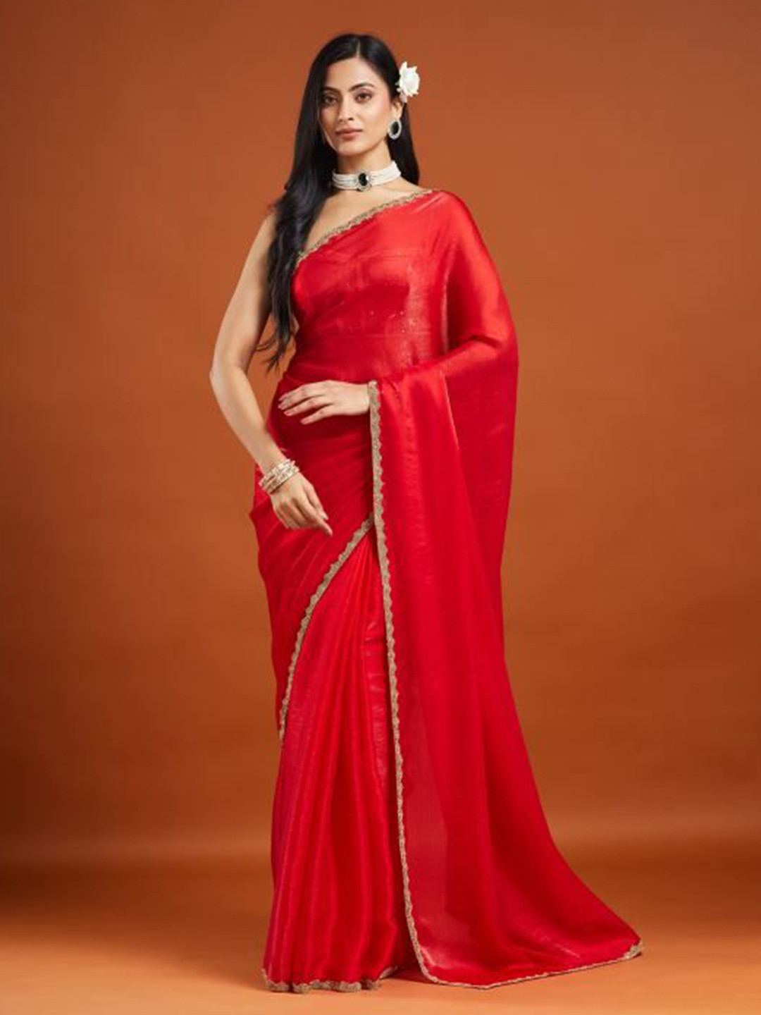 LOROFY Beads and Stones Satin Mysore Silk Saree