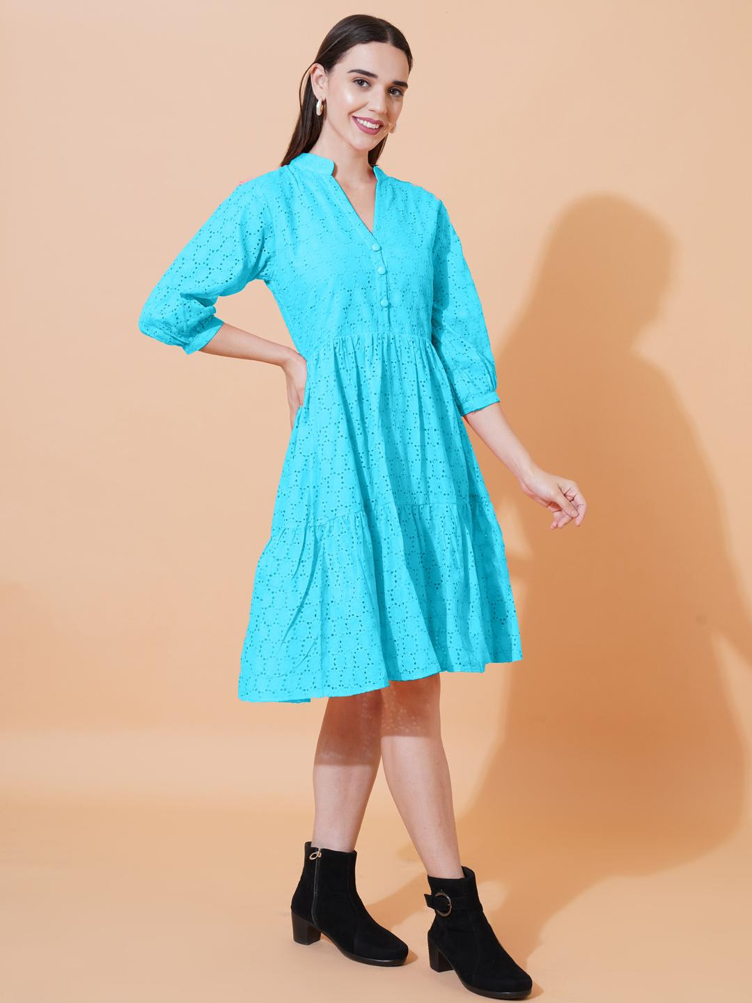 ARV TRENDS Blue Schiffli Work Fit & Flare Dress