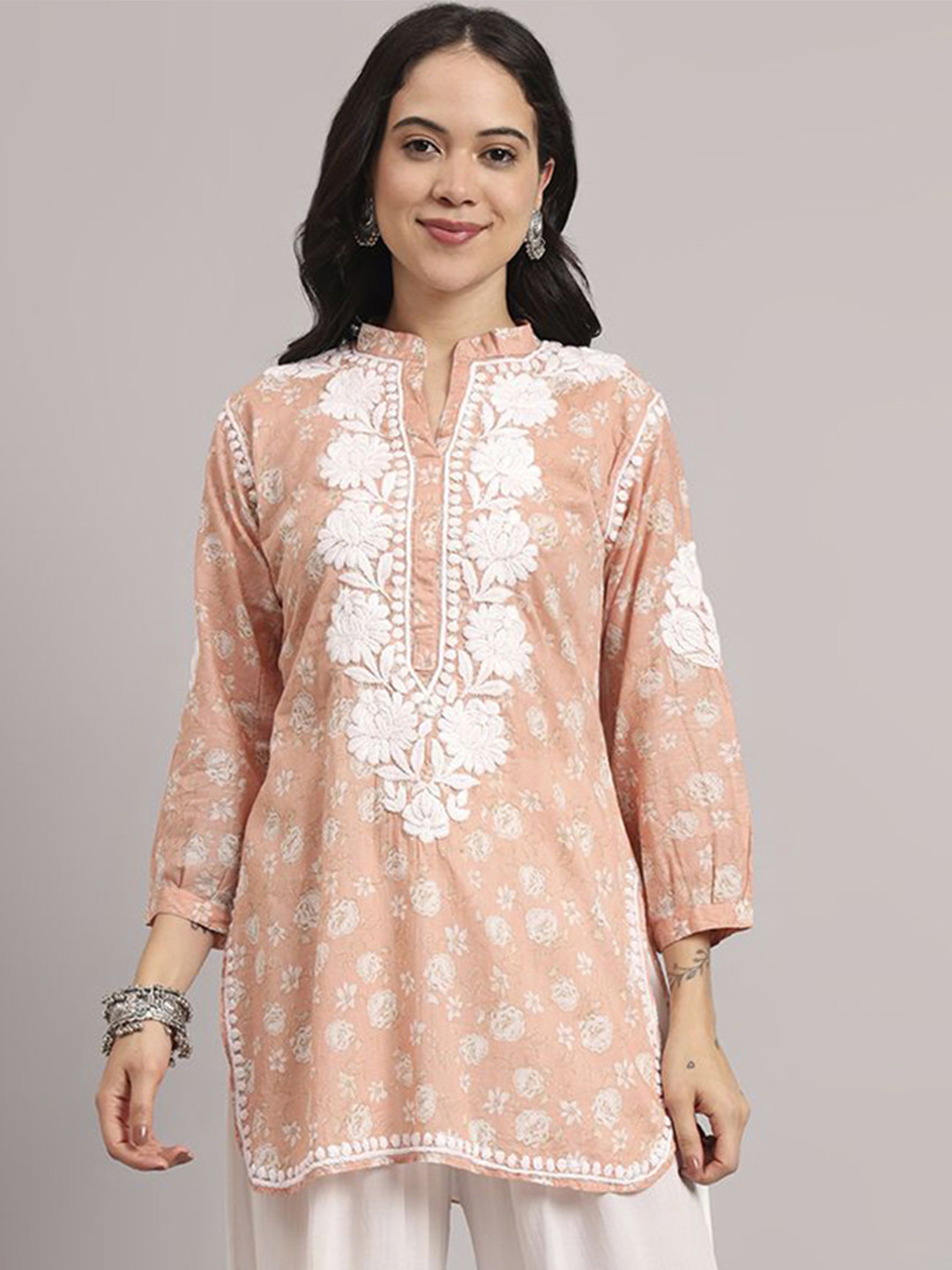 The Chikan Label Women Peach Aarini Mulmul Floral Printed Chikankari Kurti
