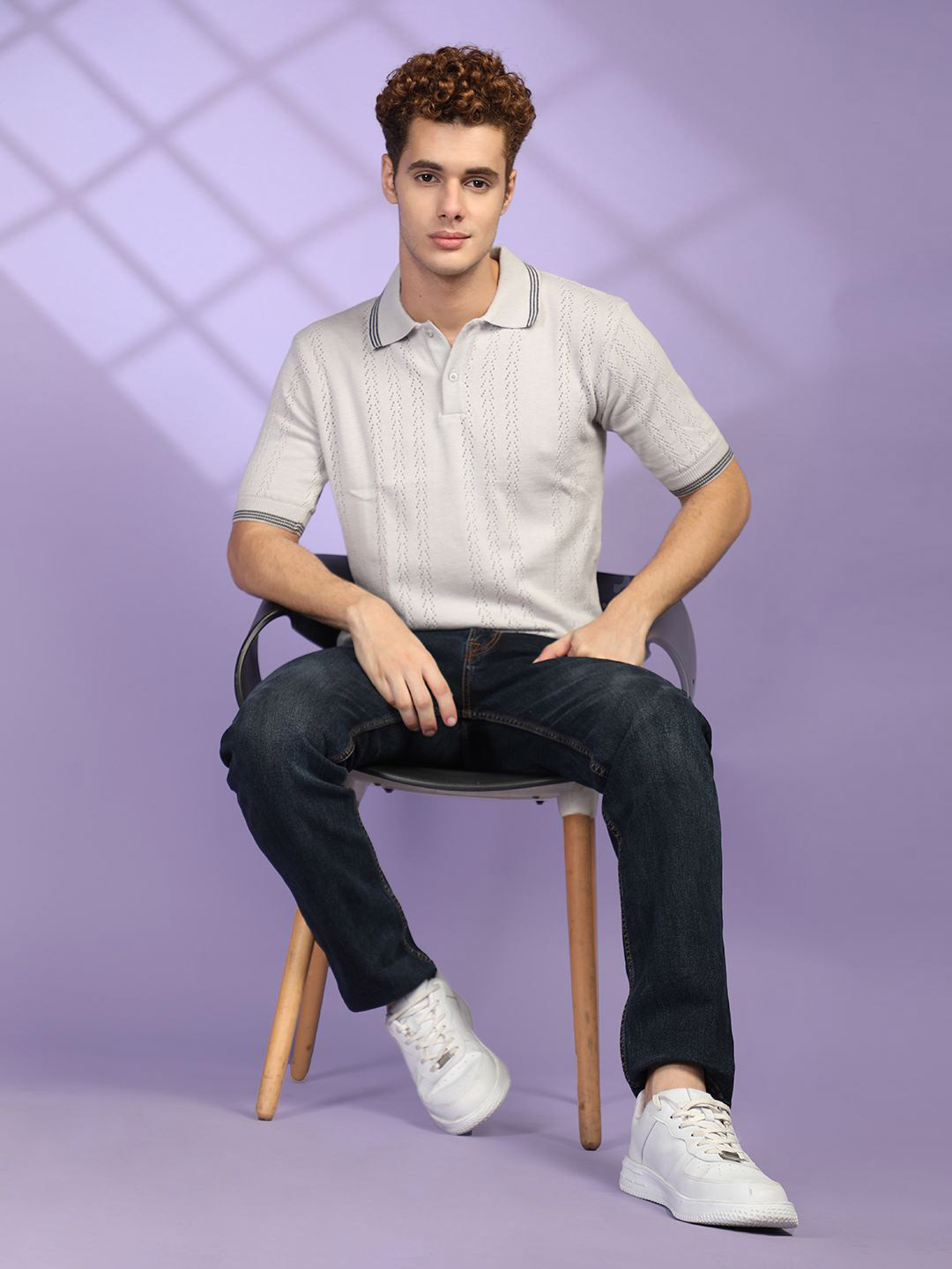 Roadster Striped Self Design Polo Collar Cotton T-shirt