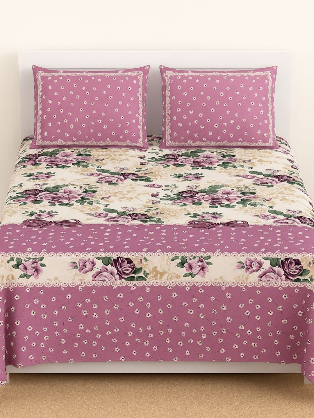Bedbathandbliss Pink & Yellow Printed 300TC Cotton Super King Bedsheet Set 2.75 m x 2.75 m