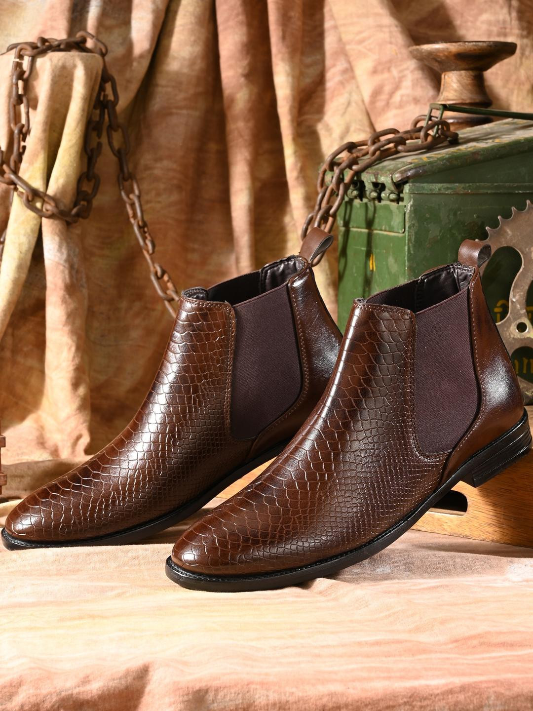 Roadster Men Brown Premium Crocodile Texture Slip-On Pointed Toe Chelsea Boots